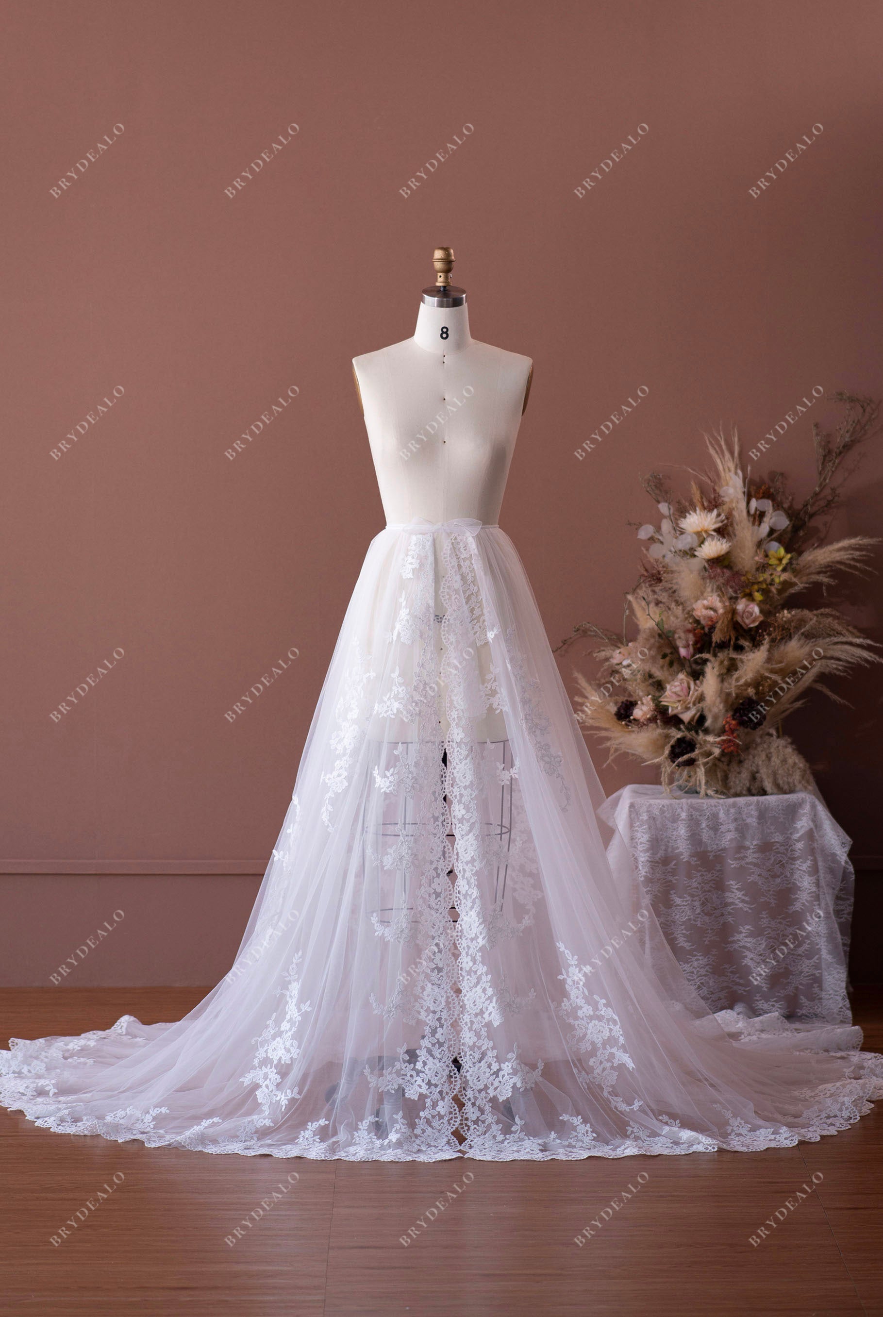 Beautiful Flower Lace Tulle Detachable A-line Bridal Overskirt