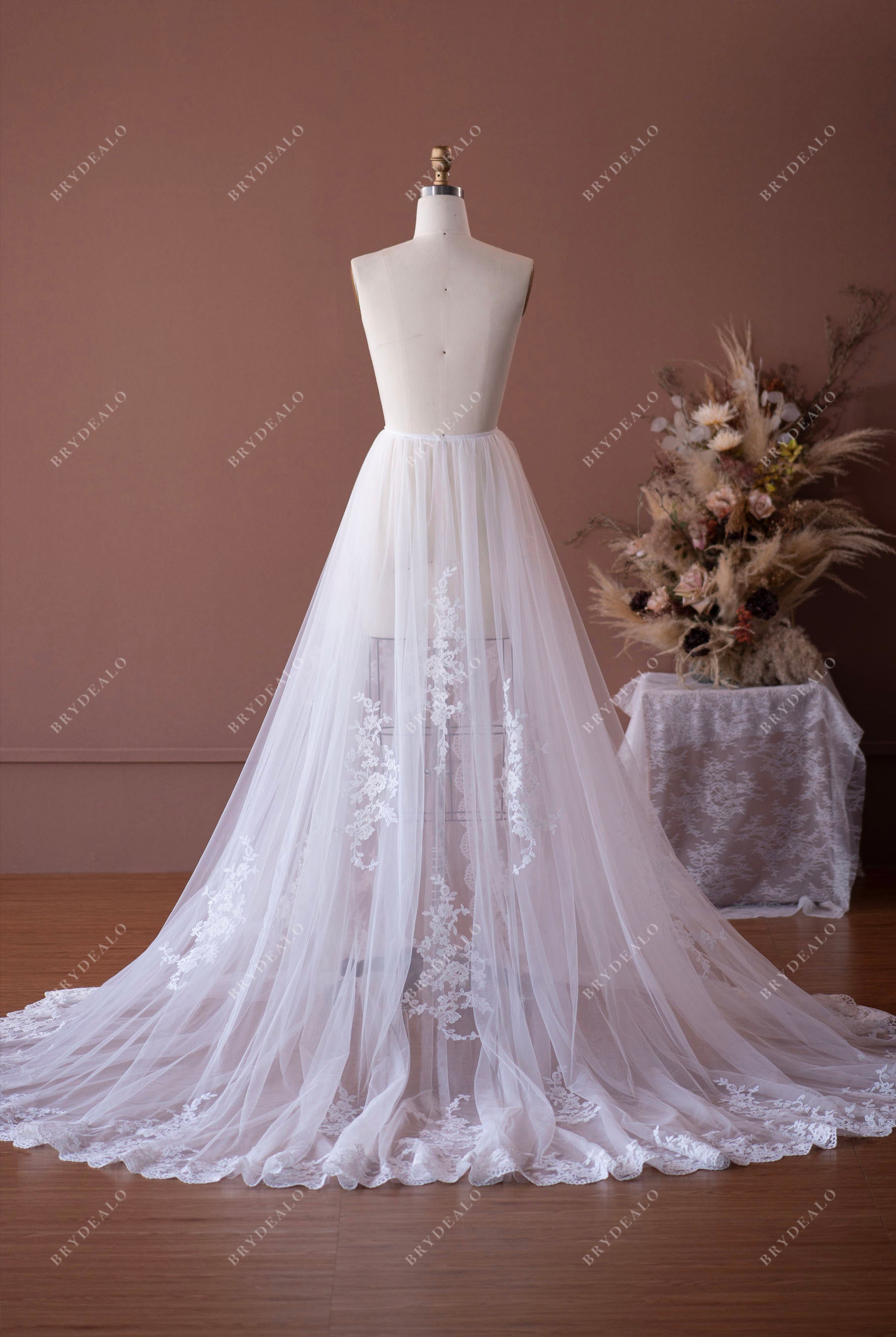 A-line court train lace tulle removable bridal overskirt