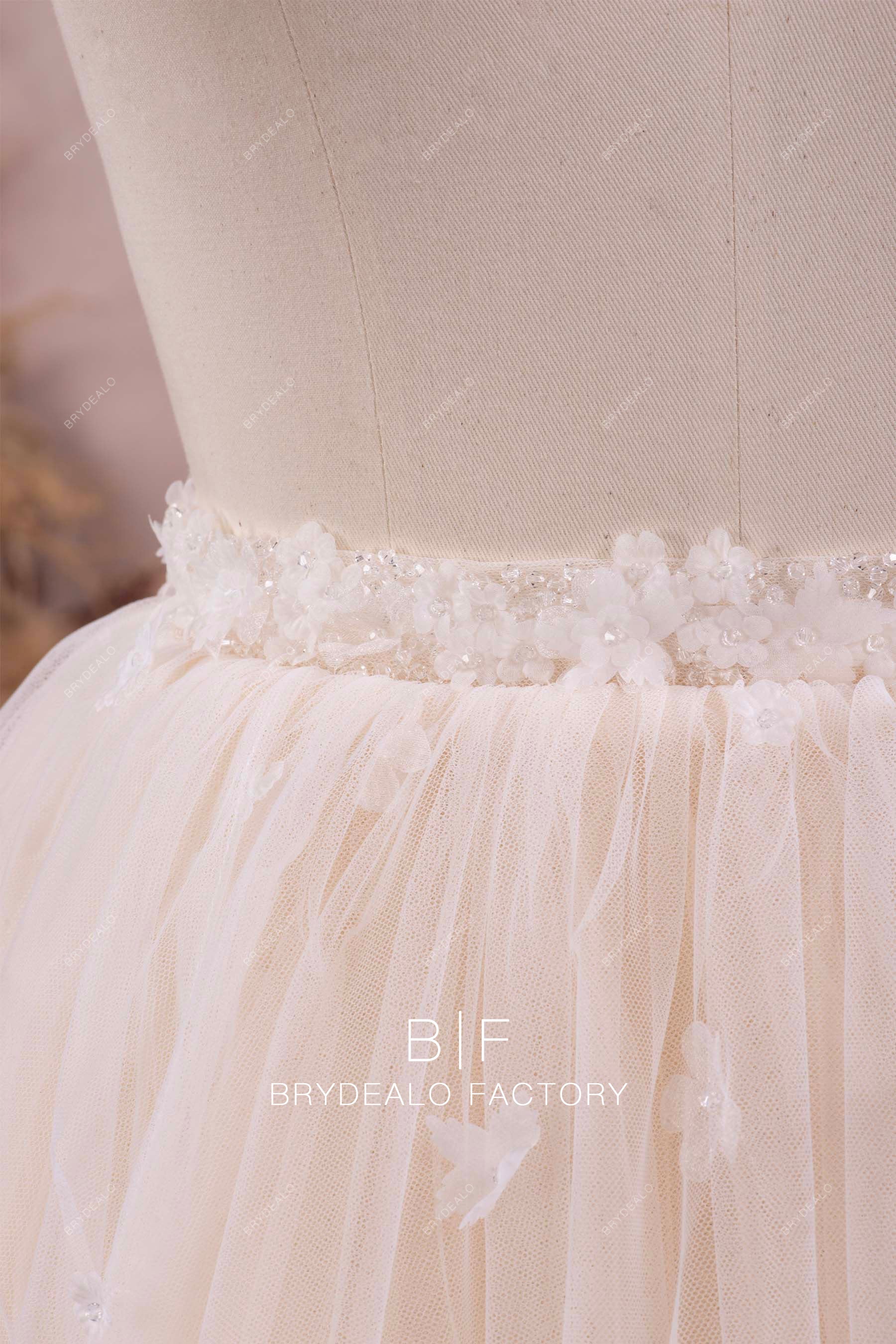 romantic hand-sewn delicate flowers bridal overskirt