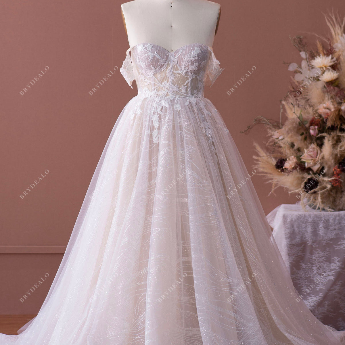 champagne underlay wedding dress Sweet Floral Lace Strapless A-line Sheer Champagne Wedding Dress