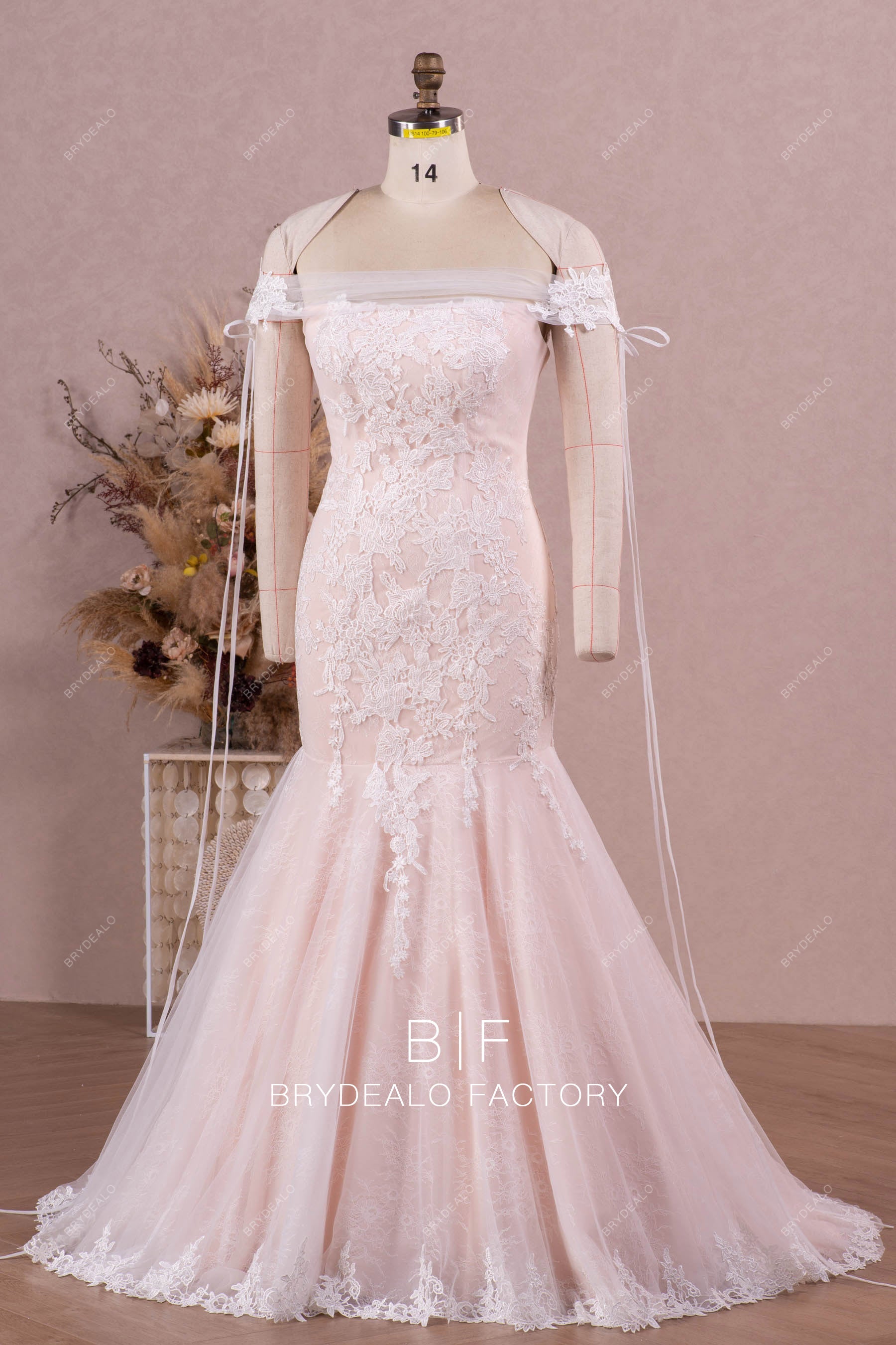 romantic lace mermaid blush pink wedding dress