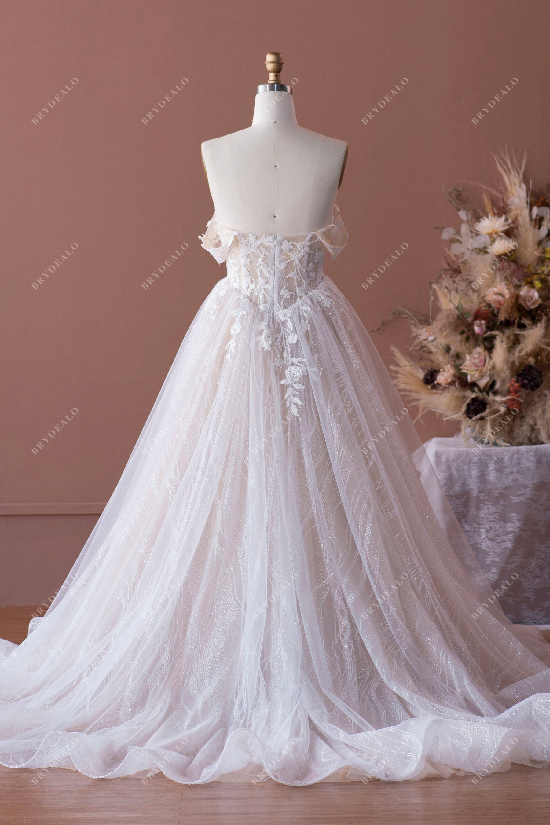 champagne off shoulder illusion corset designer bridal gown