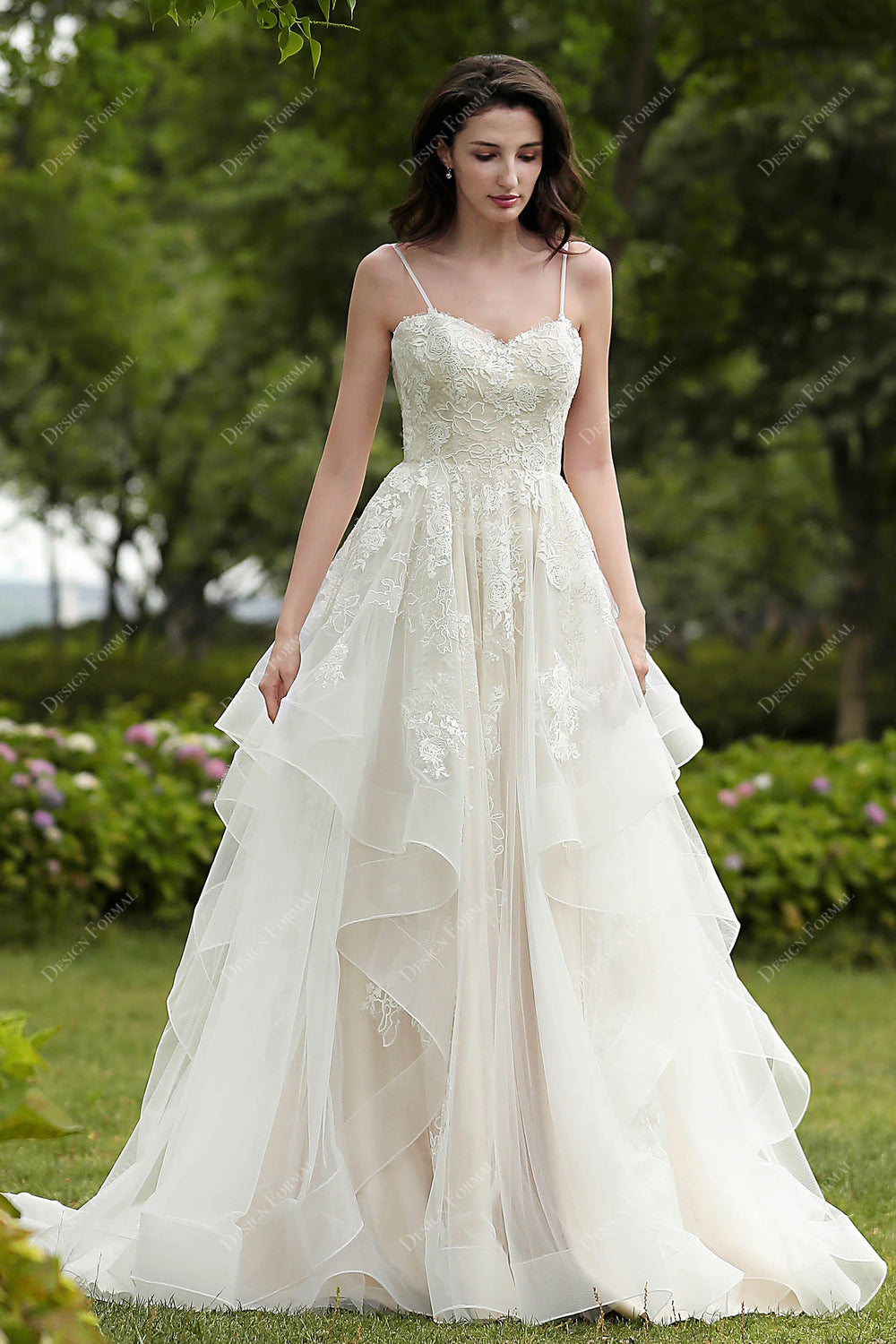 Champagne Romantic Lace Thin Straps Tulle A-line Fall Wedding Dress