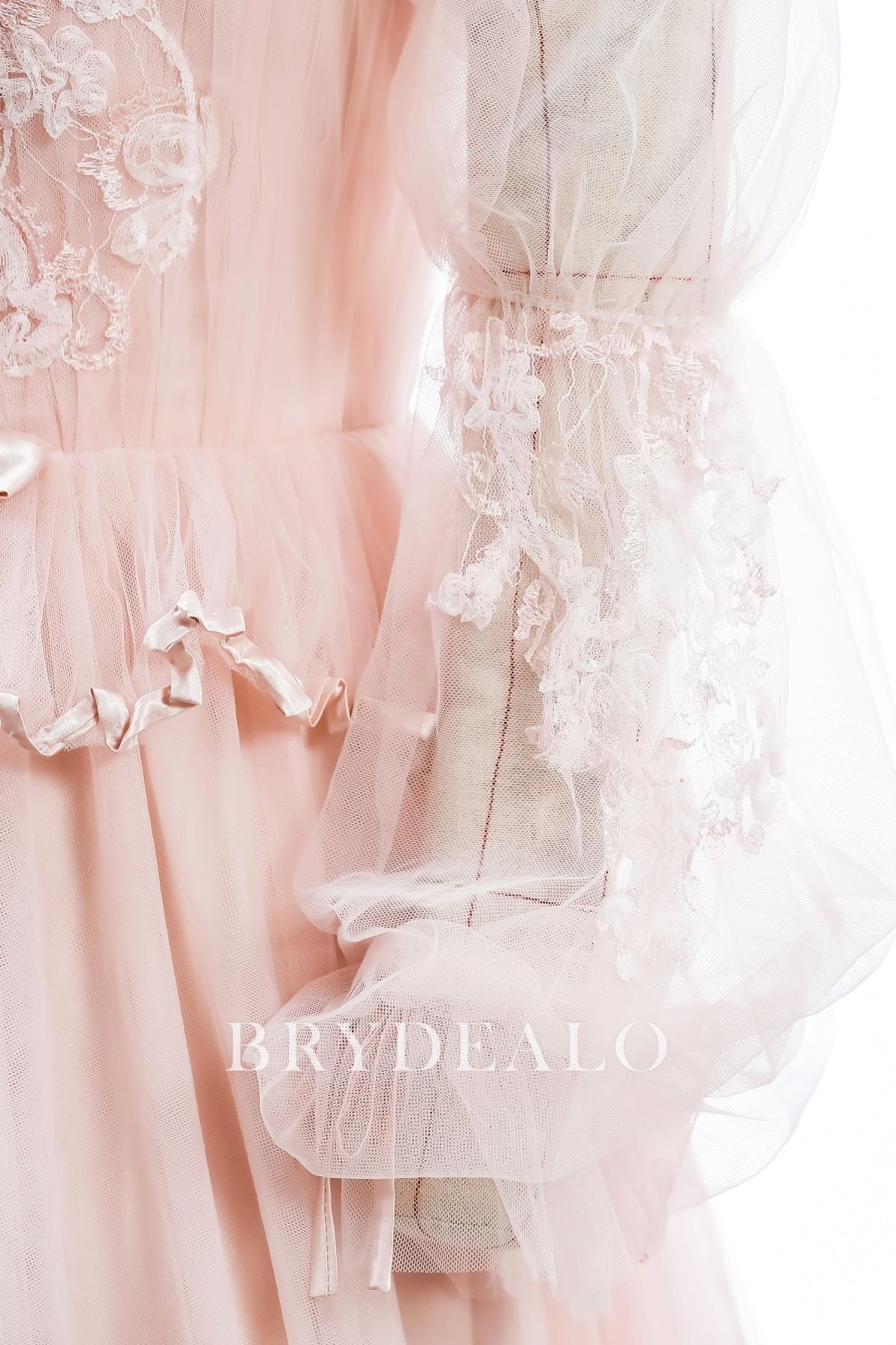 Brydealo Factory Pink Tulle Off-Shoulder Tea Length Formal Dress