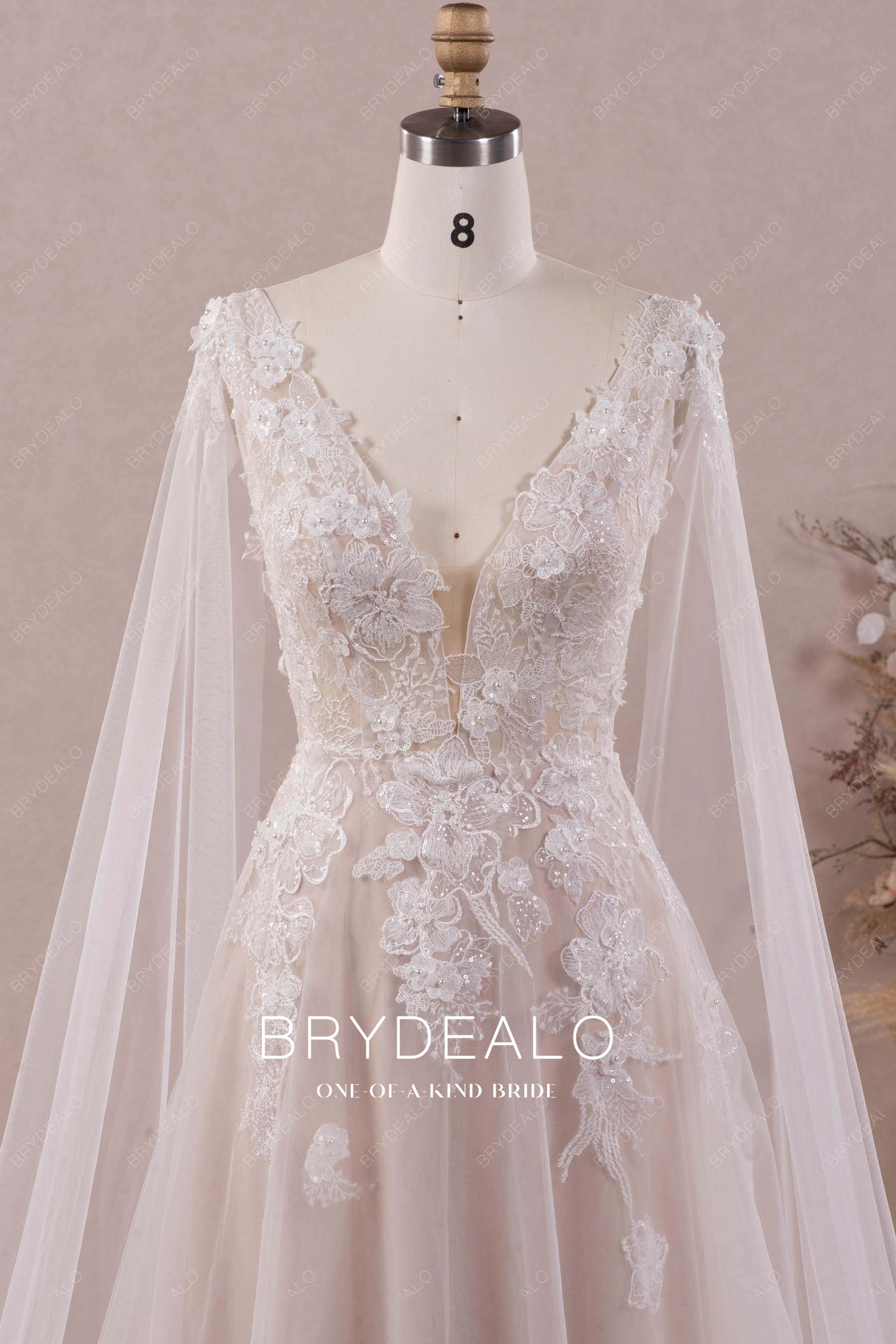 romantic beaded lace plunging destination wedding dress