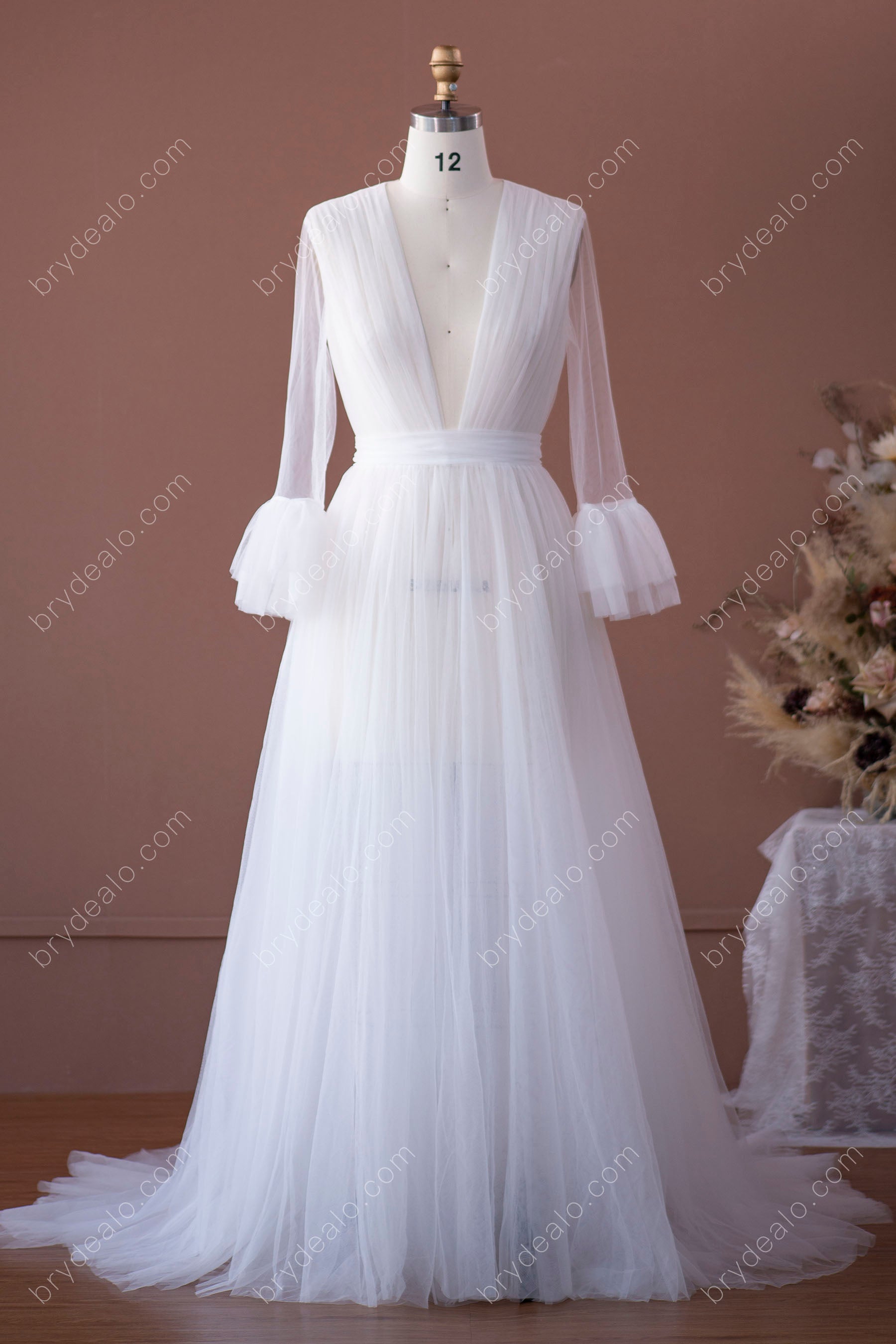 Best Tulle Bell Sleeve Plunging Neck Long Bridal Robe