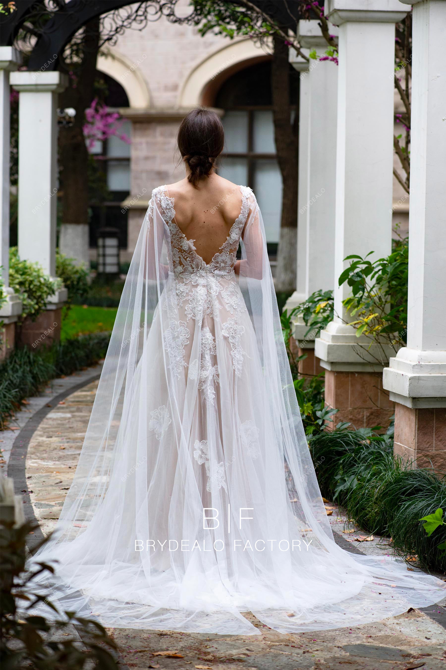romantic V-cut back long shoulder veil wedding dress