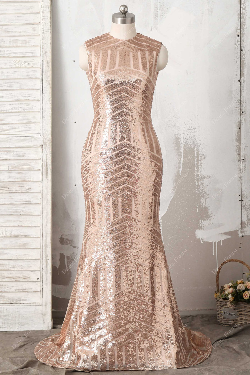 Unique Sparkly Striped Rose Gold Sequin Mermaid Prom Dress