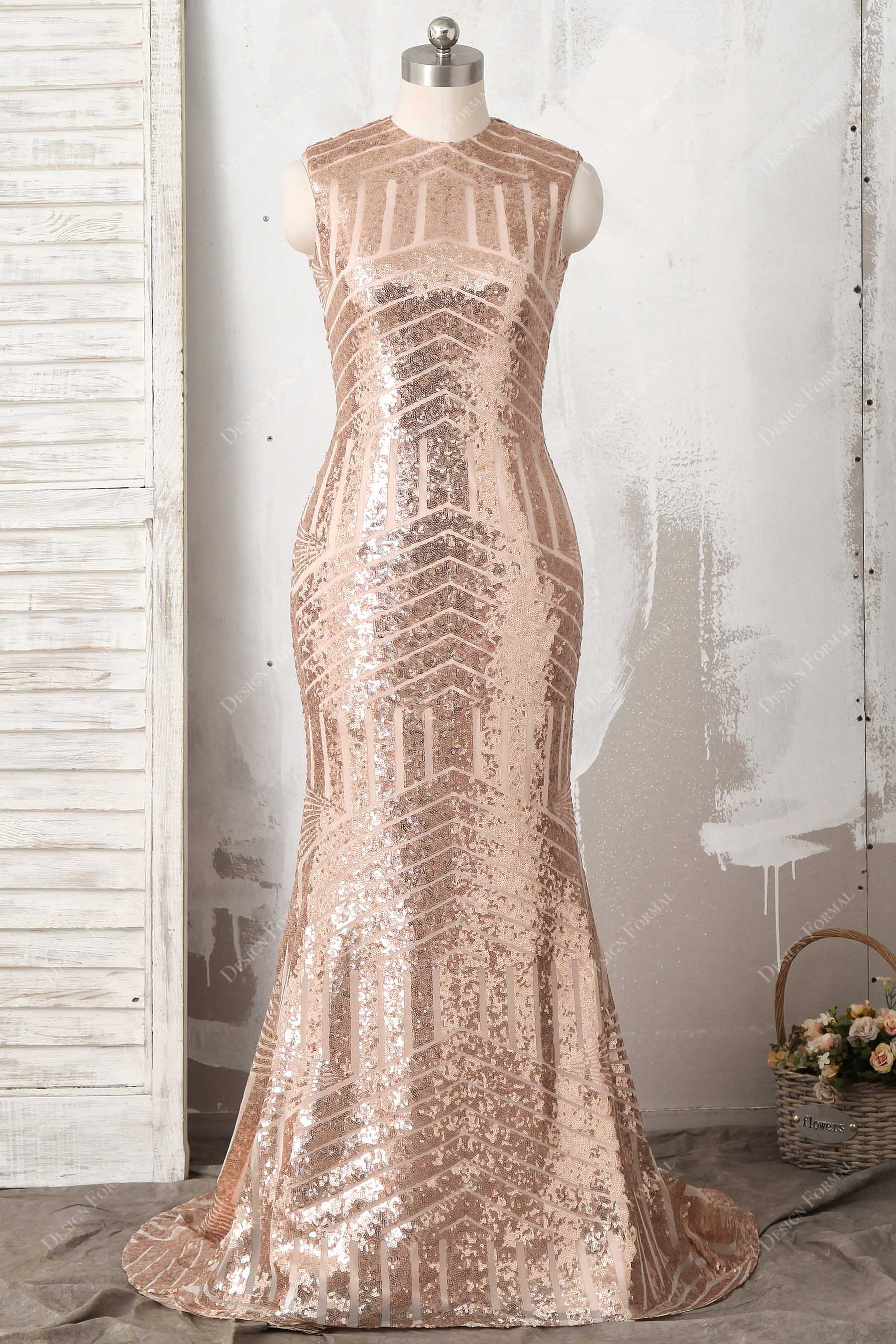 rose gold bombshell sequin mermaid prom dress