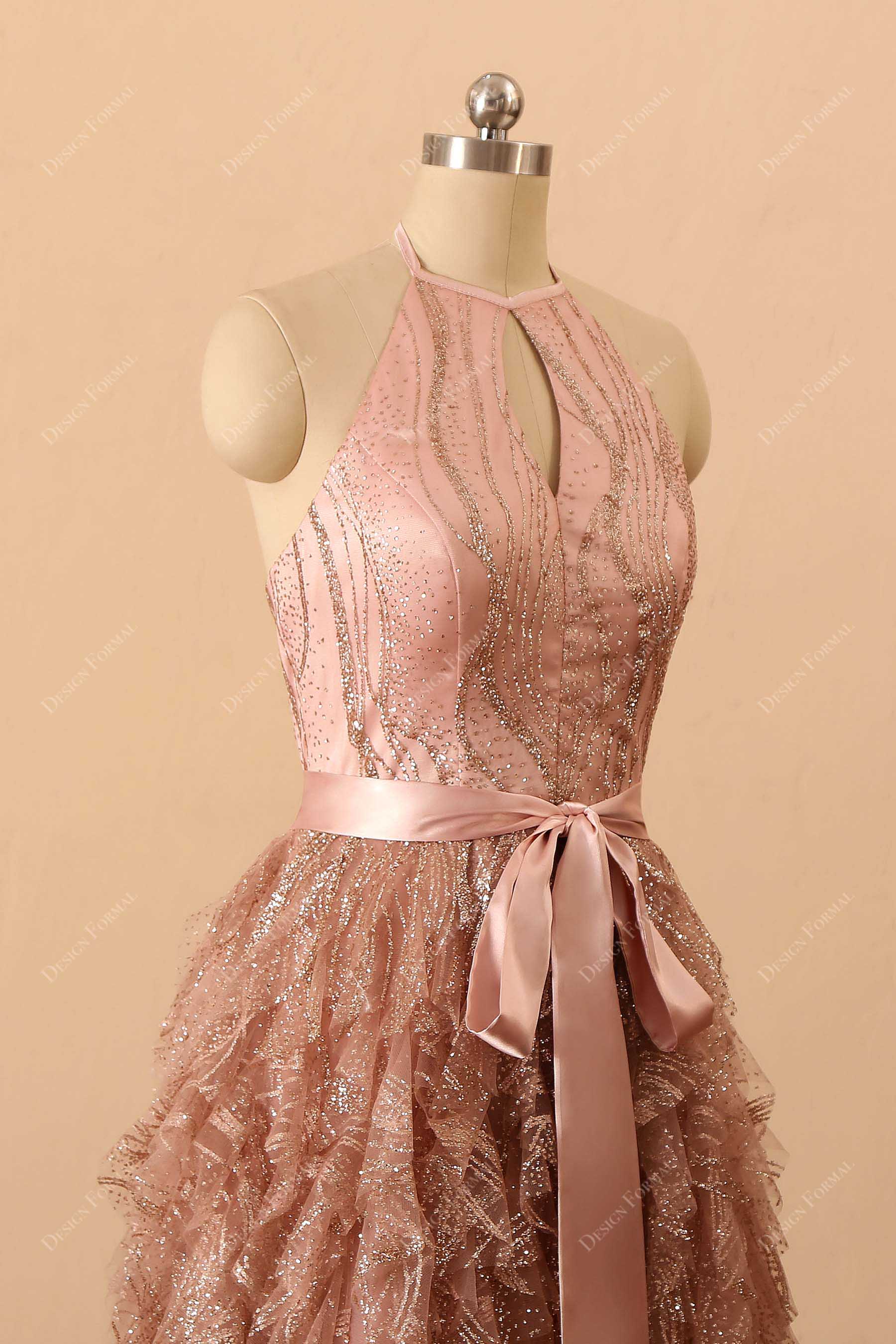 rose gold glitter halter keyhole prom dress