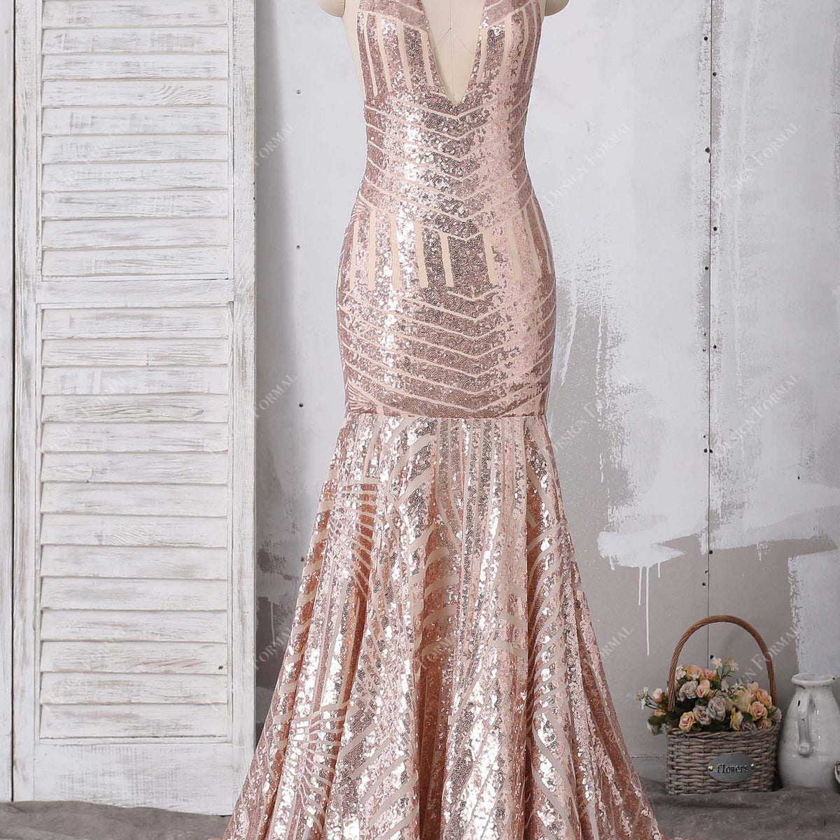 Rose Gold Sequin Halter Plunge Mermaid Prom Dress Rose Gold Sequin Halter Plunge Mermaid Prom Dress