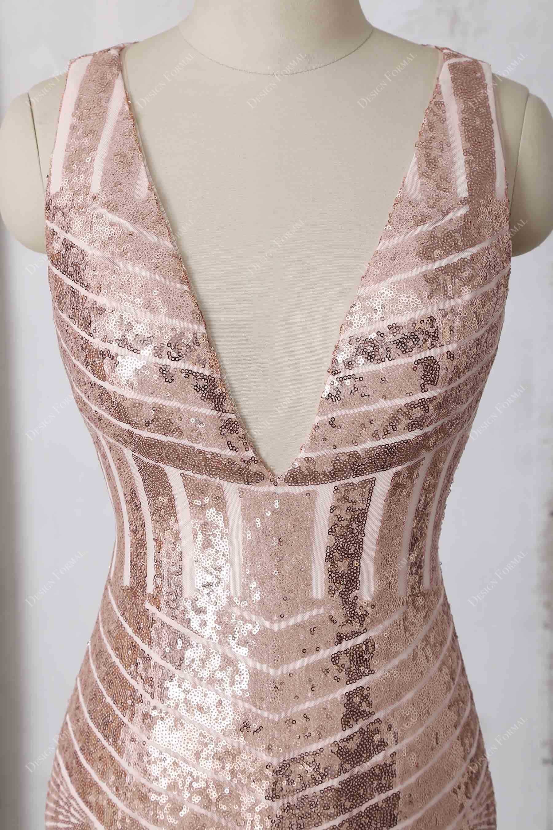 rose gold patterned sequin bodice with plunging neck