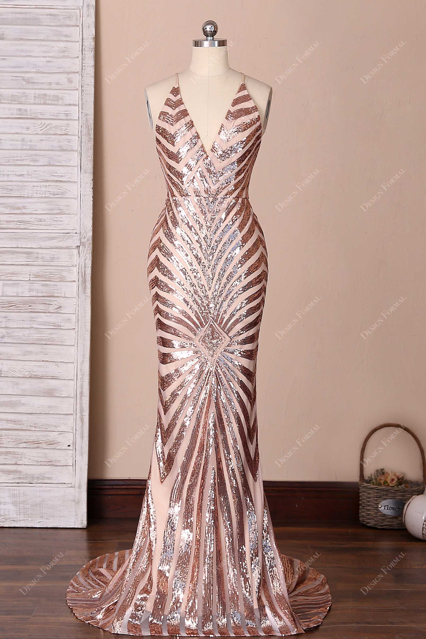 rose gold sequin halter prom dress 