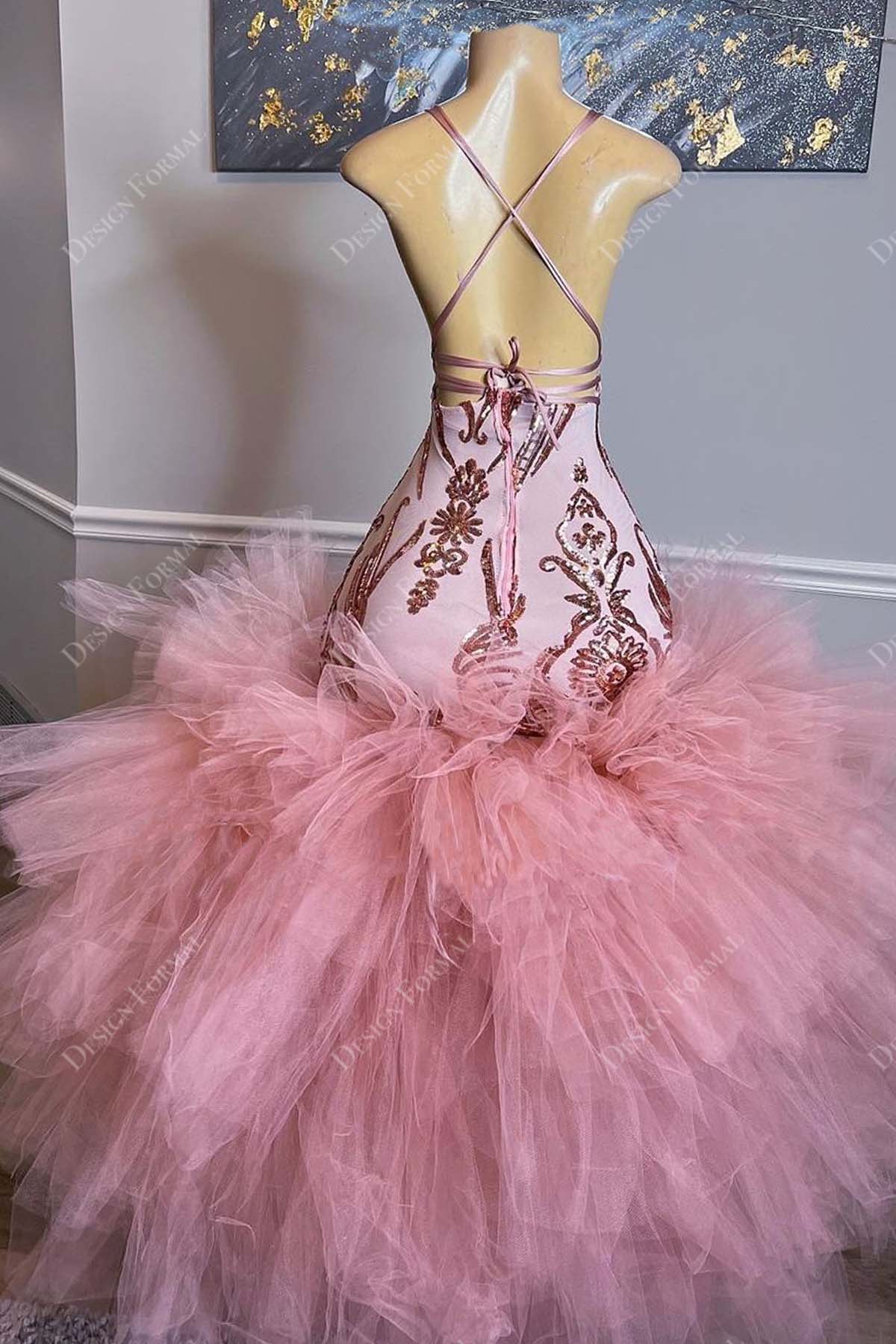 Rose Gold Sequin Trumpet Tulle Prom Dress