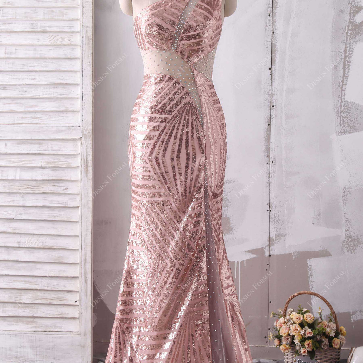 Rose Gold Sequin One-Strap Unique Cutouts Mermaid Prom Gown
