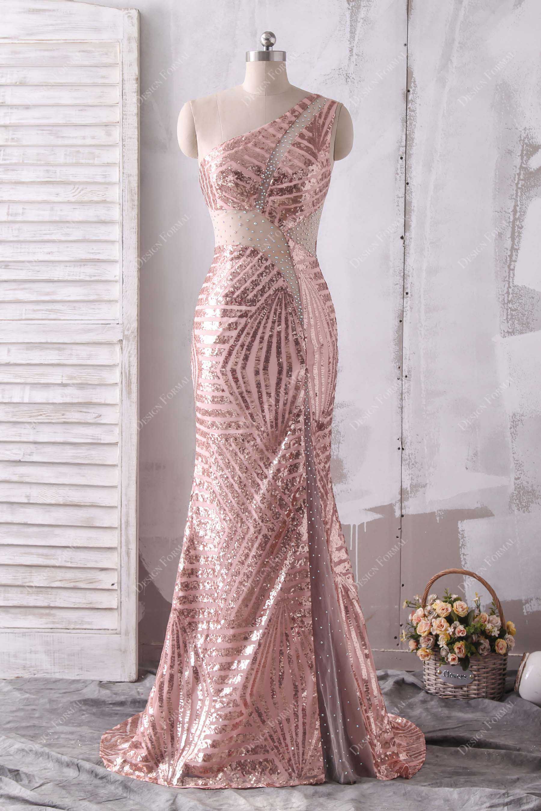 Rose Gold Sequin One Shoulder Slit Prom Gown