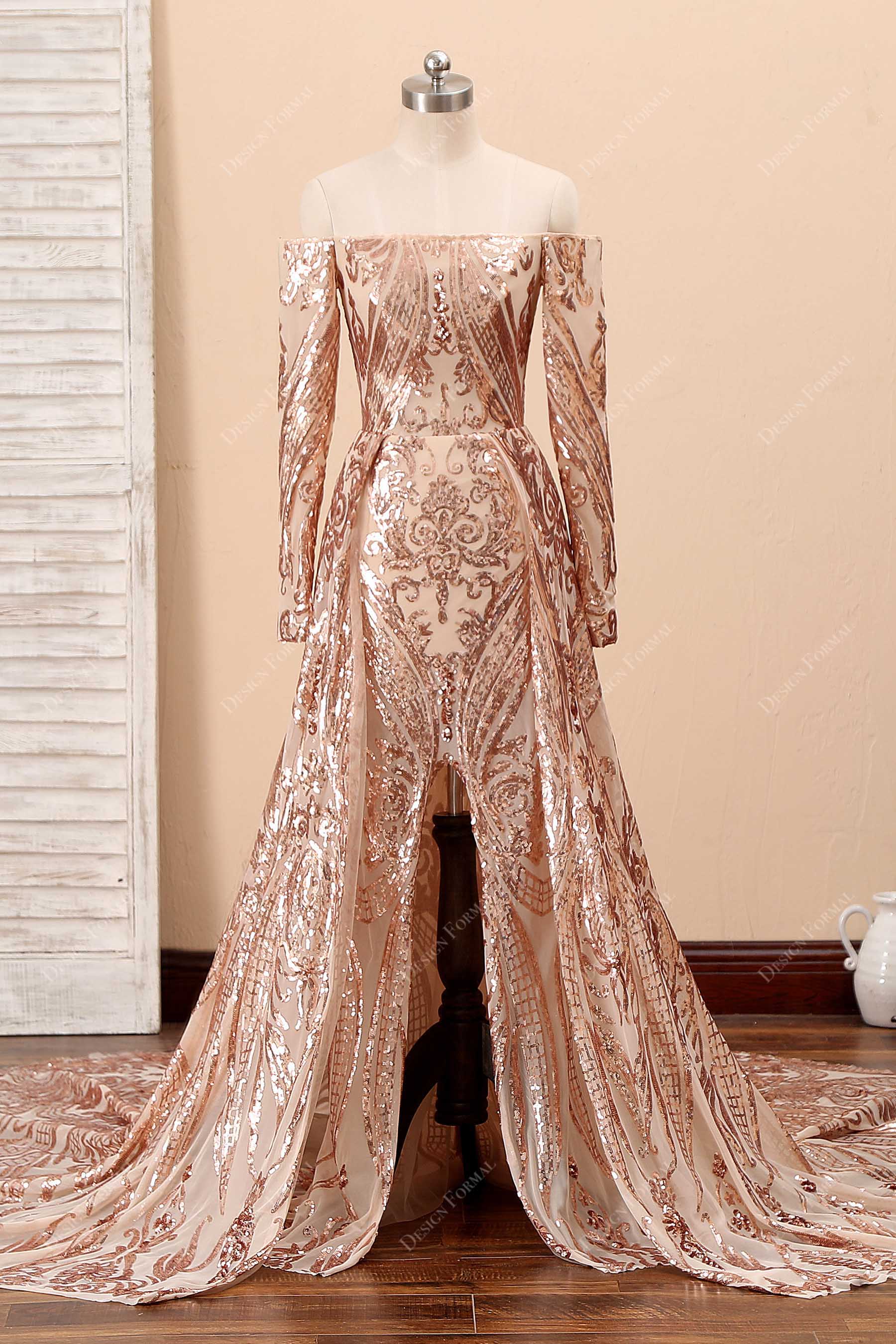 champagne gold unique pattern sequin prom dress