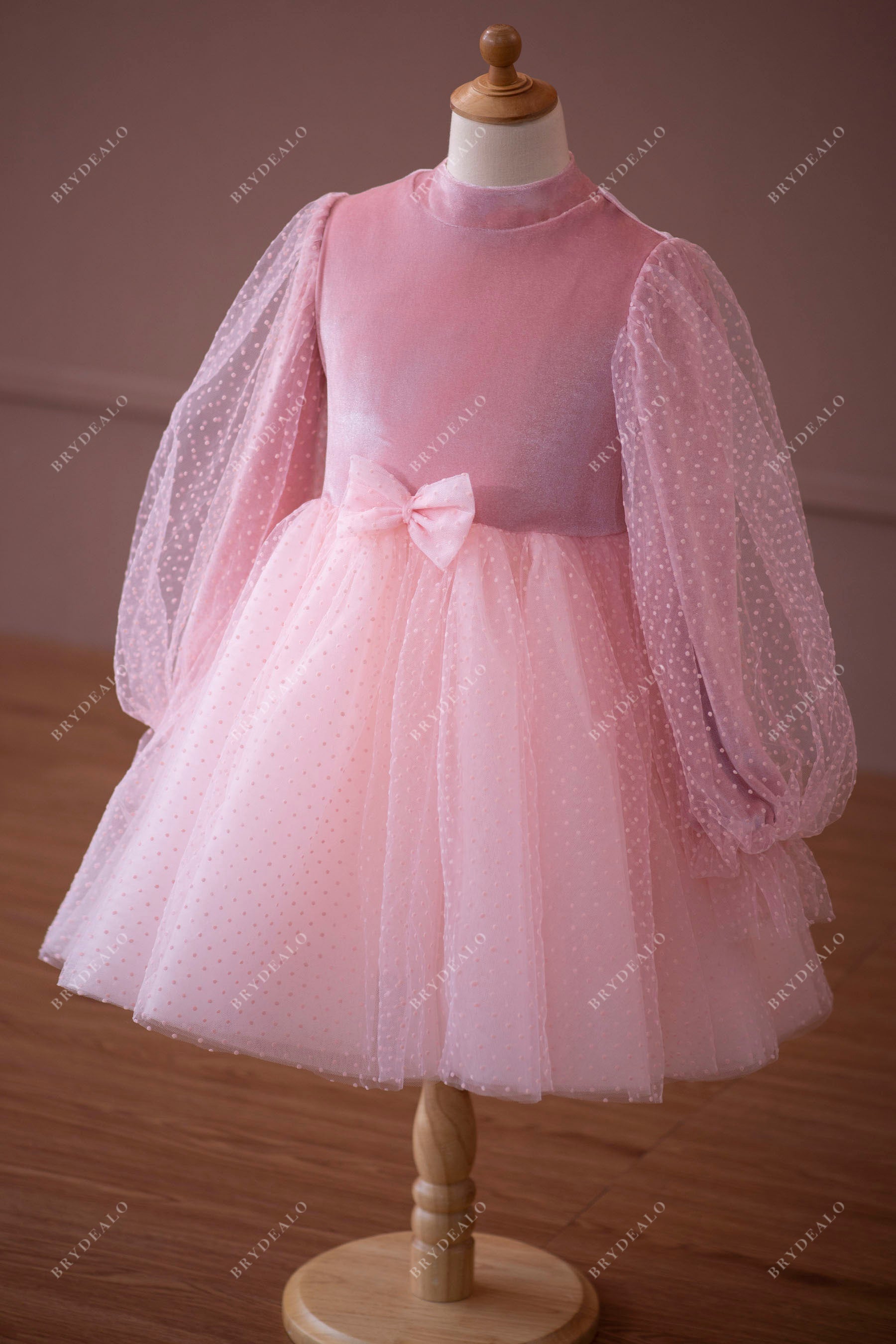 rose pink dot tulle velvet bowknot flower girl dress