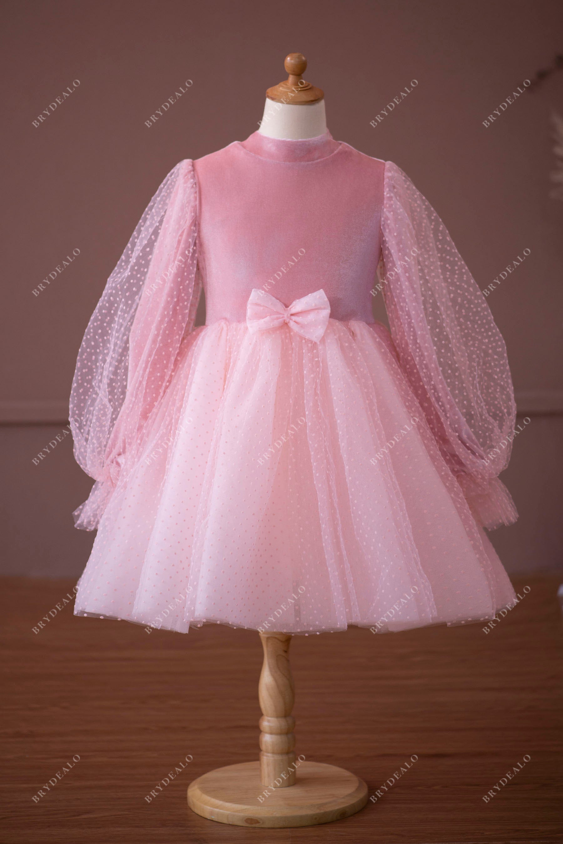rose pink tea length velvet dot tulle flower girl dress