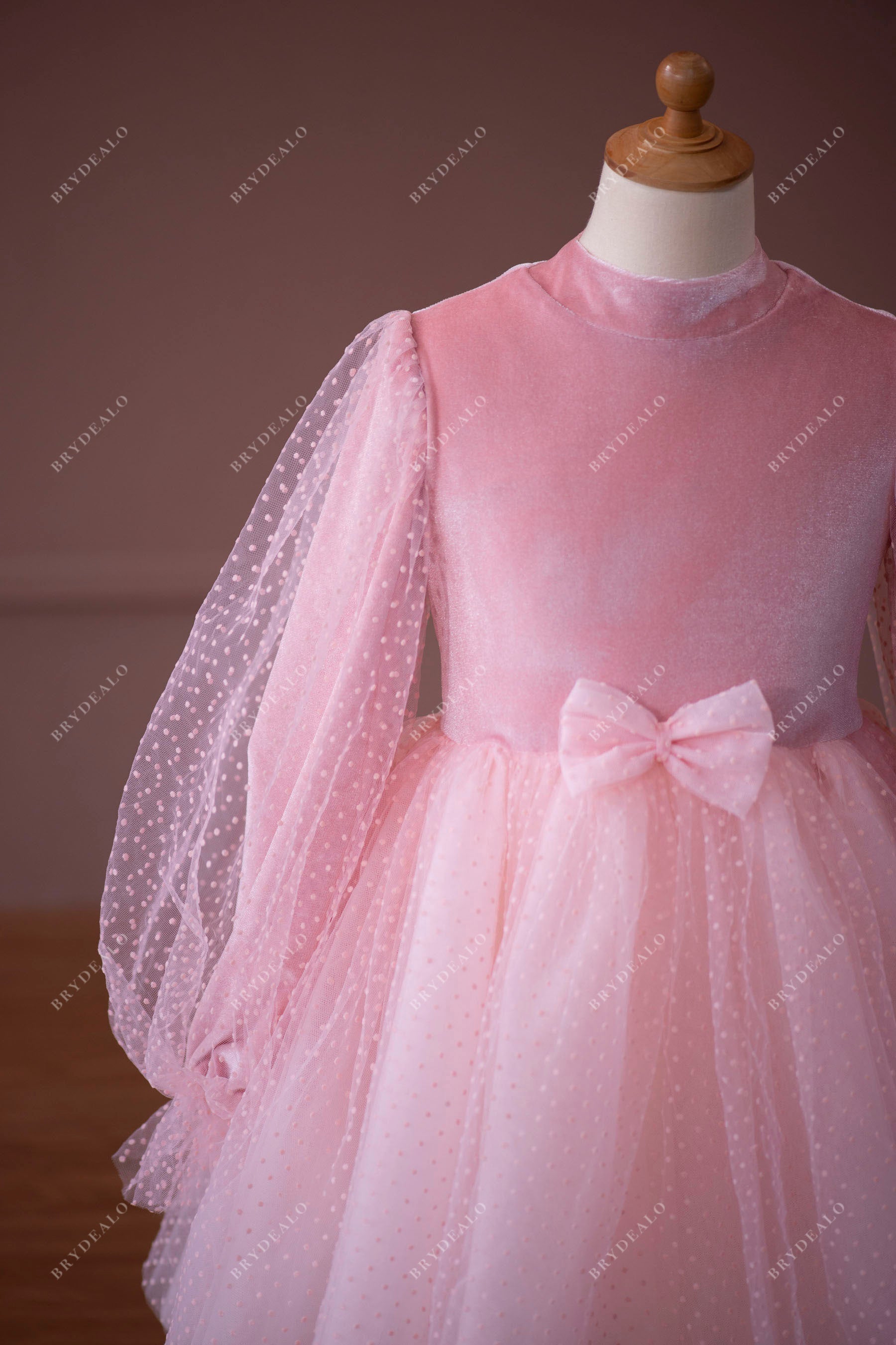 rose pink velvet dot tulle sheer sleeves cute flower girl dress