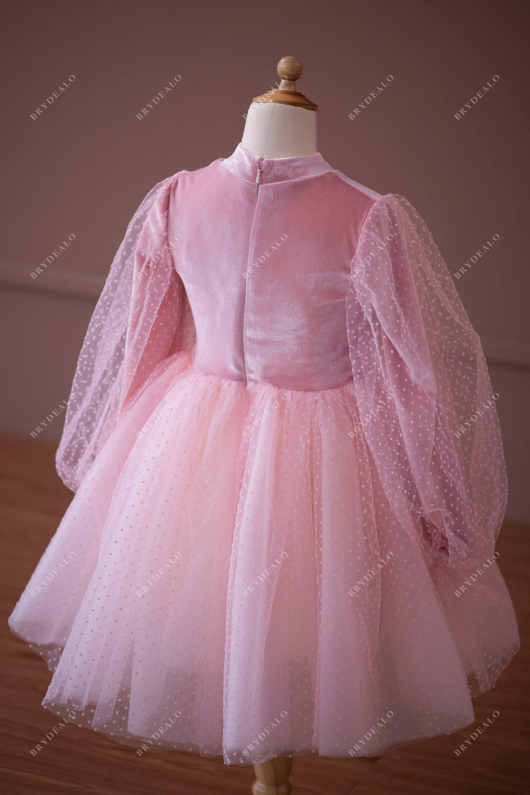rose pink velvet dot tulle sheer sleeves flower girl gown