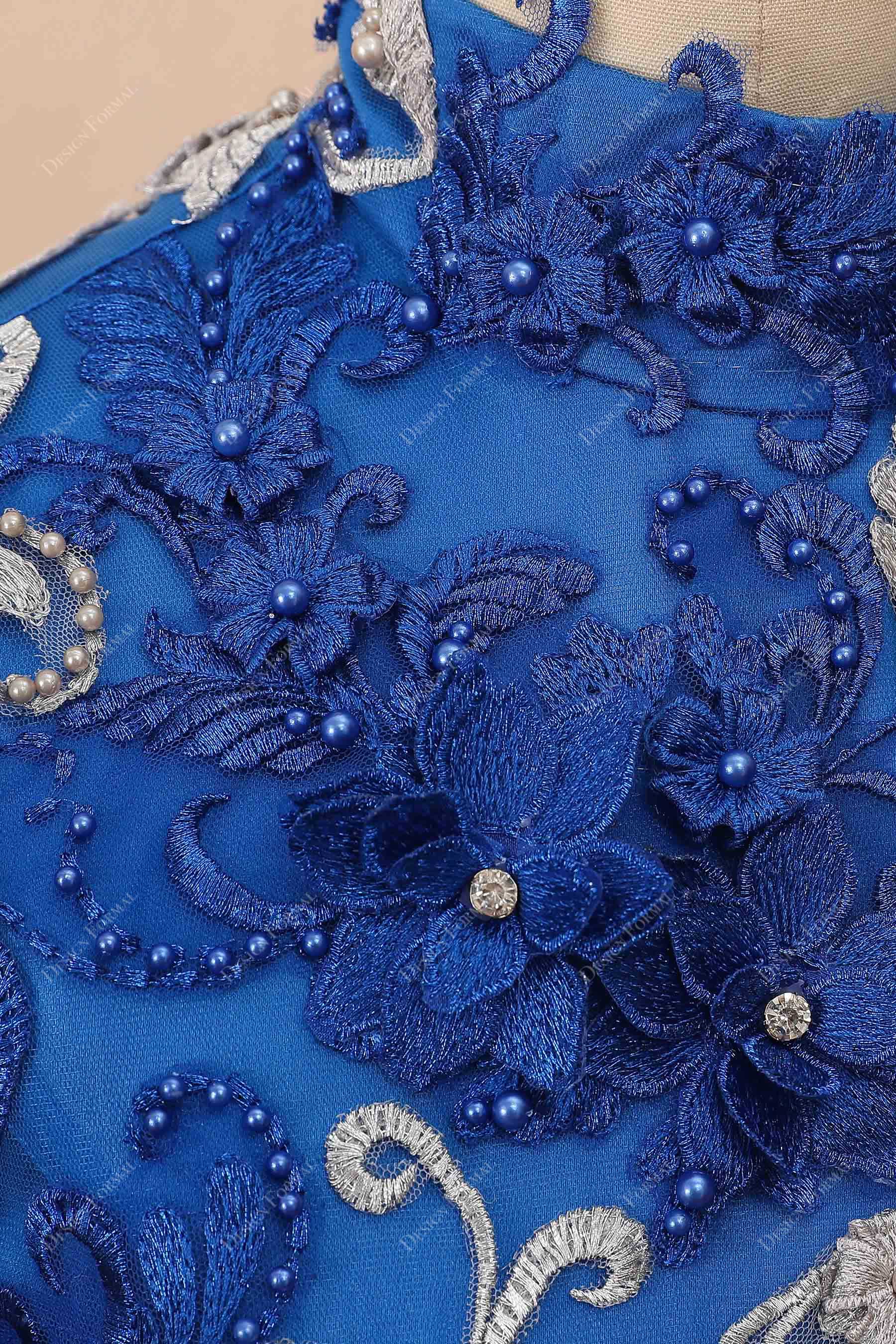 Royal Blue 3D Lace Champagne Dress