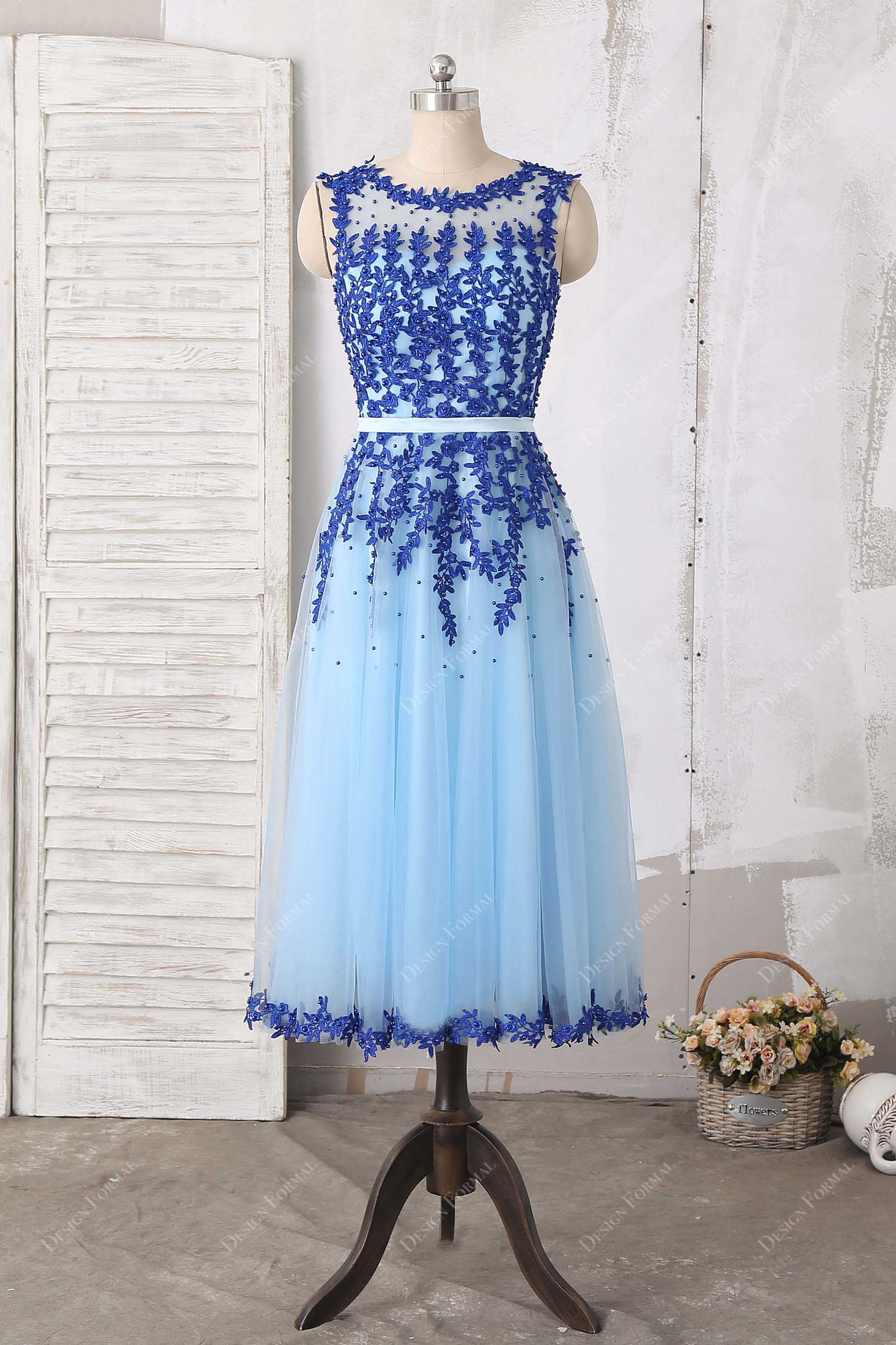 Blue Illusion Neck Lace Tea Length Cocktail Dress