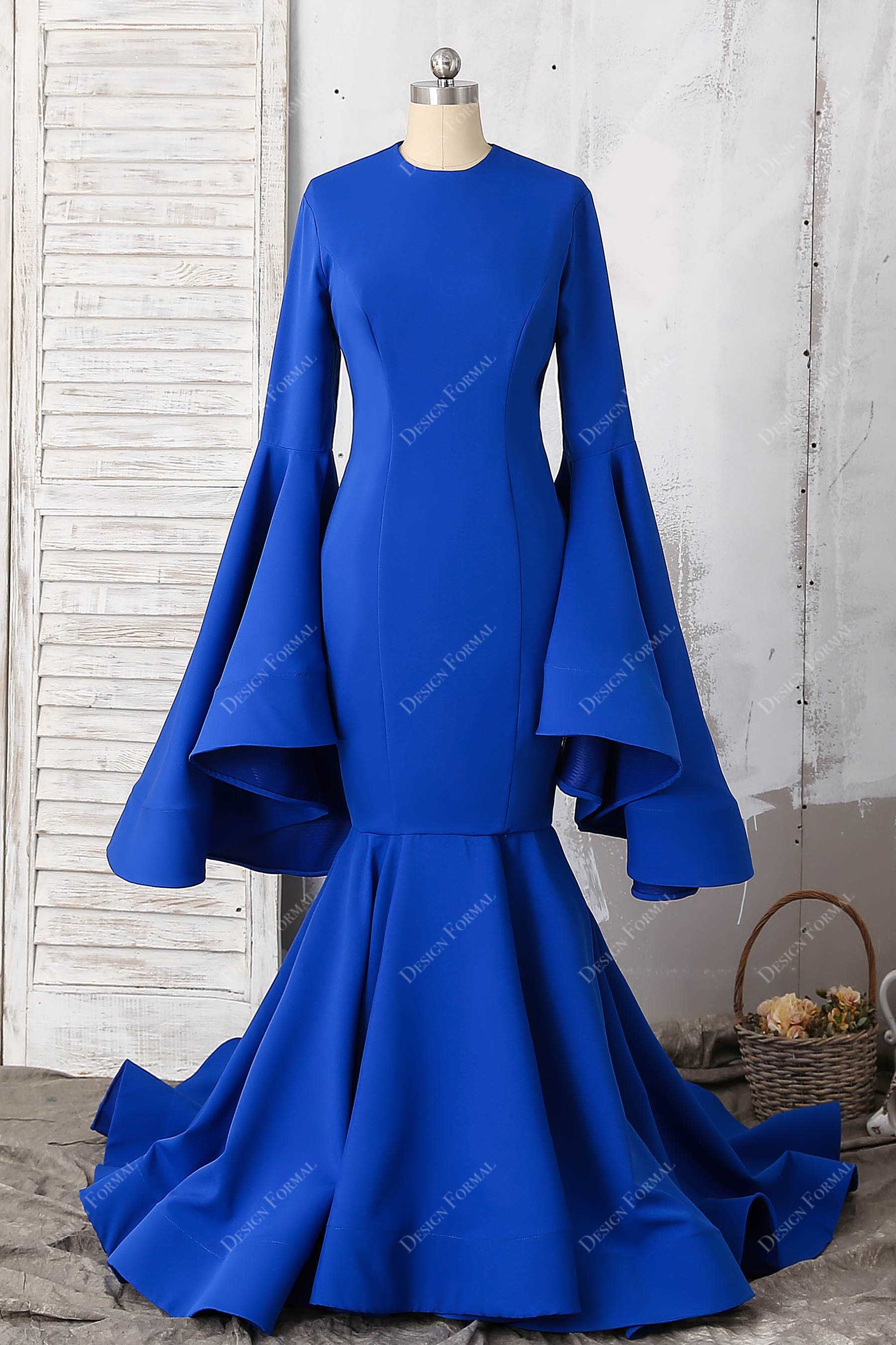 royal blue bell sleeves trumpet prom dress