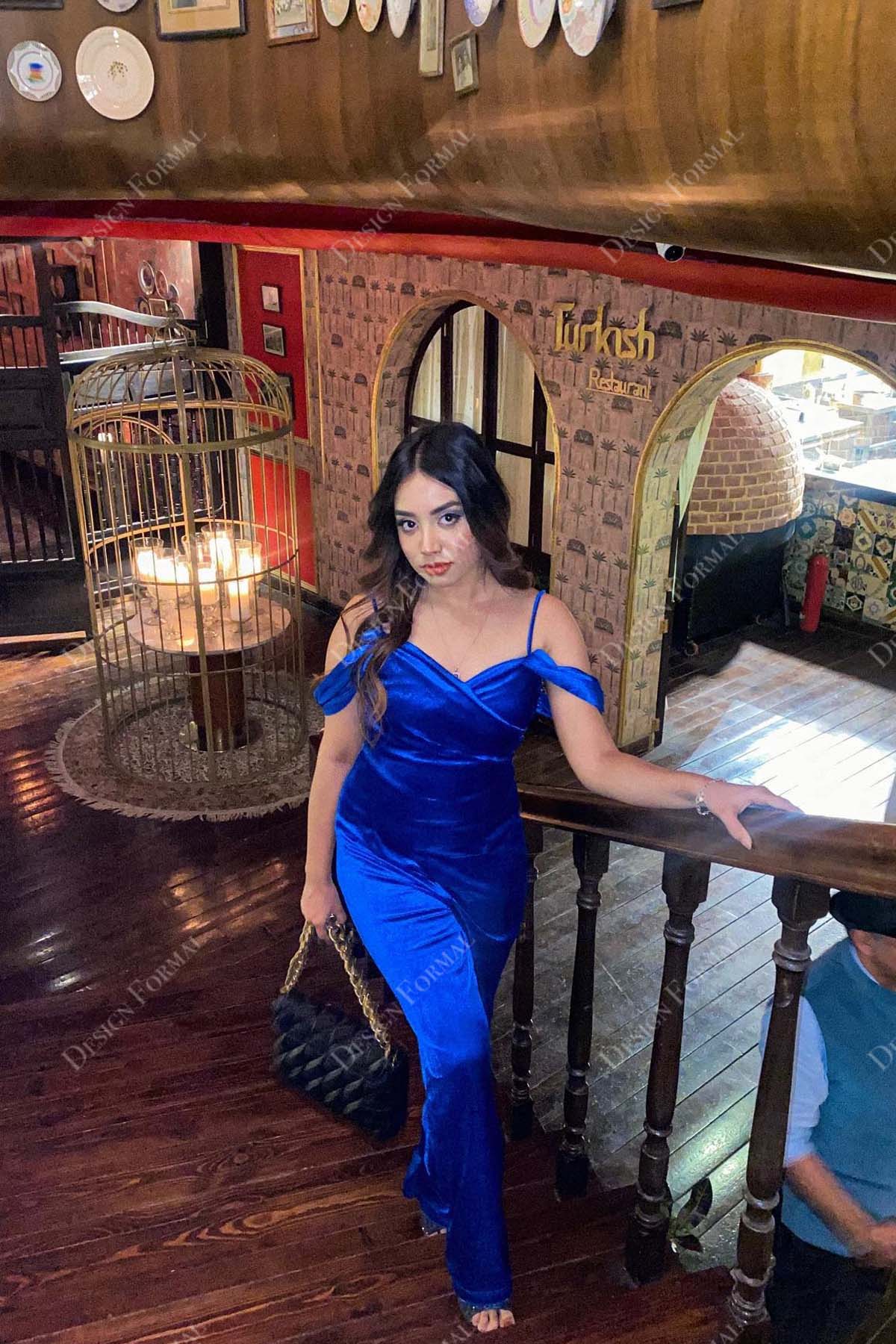 royal blue cold shoulder mermaid designer prom dress 