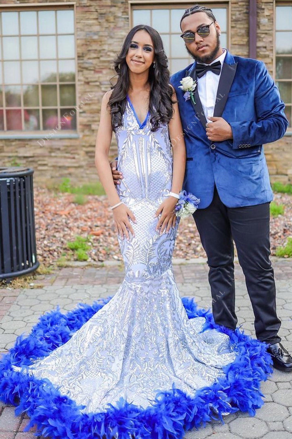 royal blue feathered mermaid silver sequin prom dress