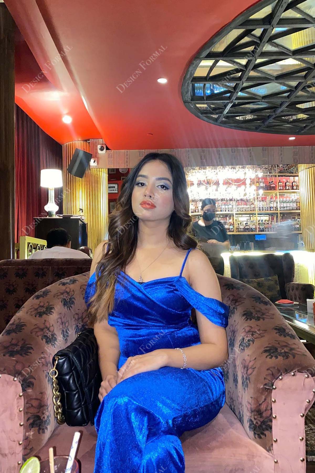 royal blue glossy satin cold shoulder designer prom dress