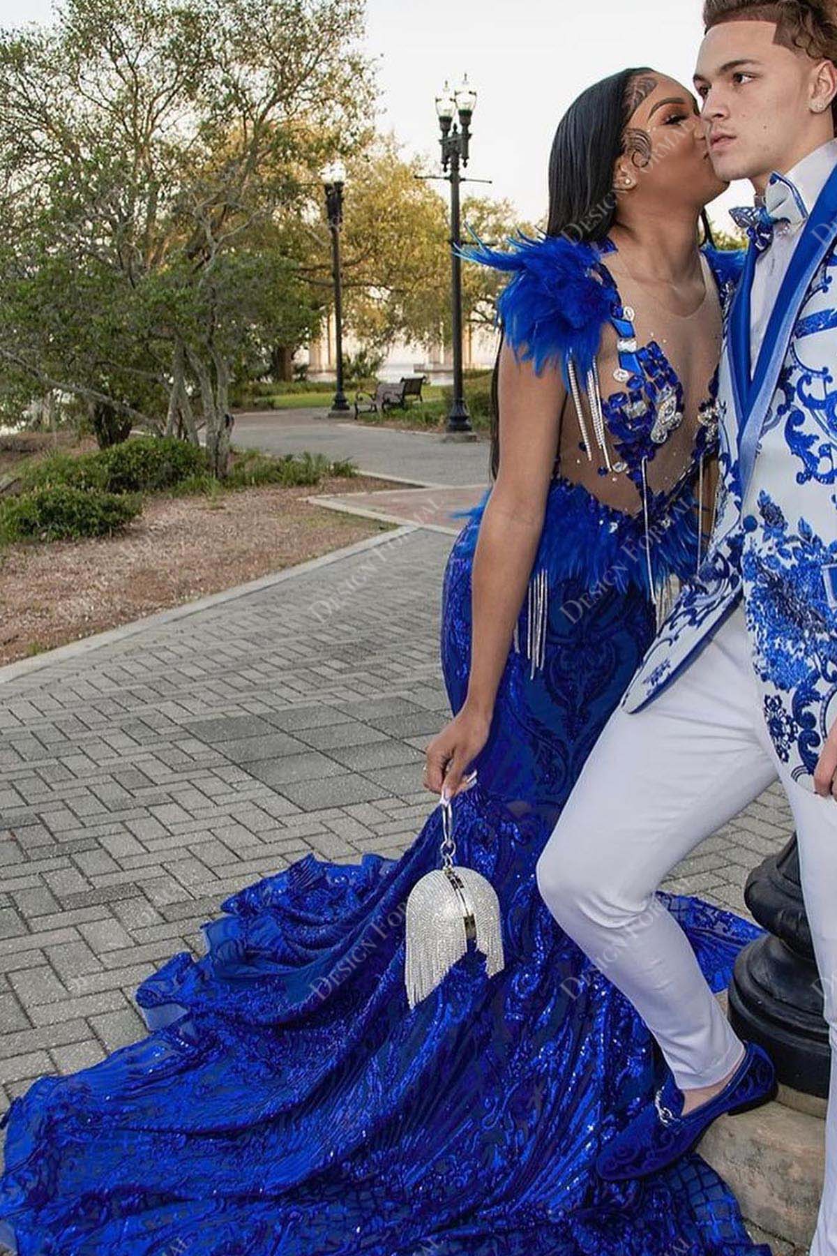 royal blue sequin feather sheer mermaid prom gown