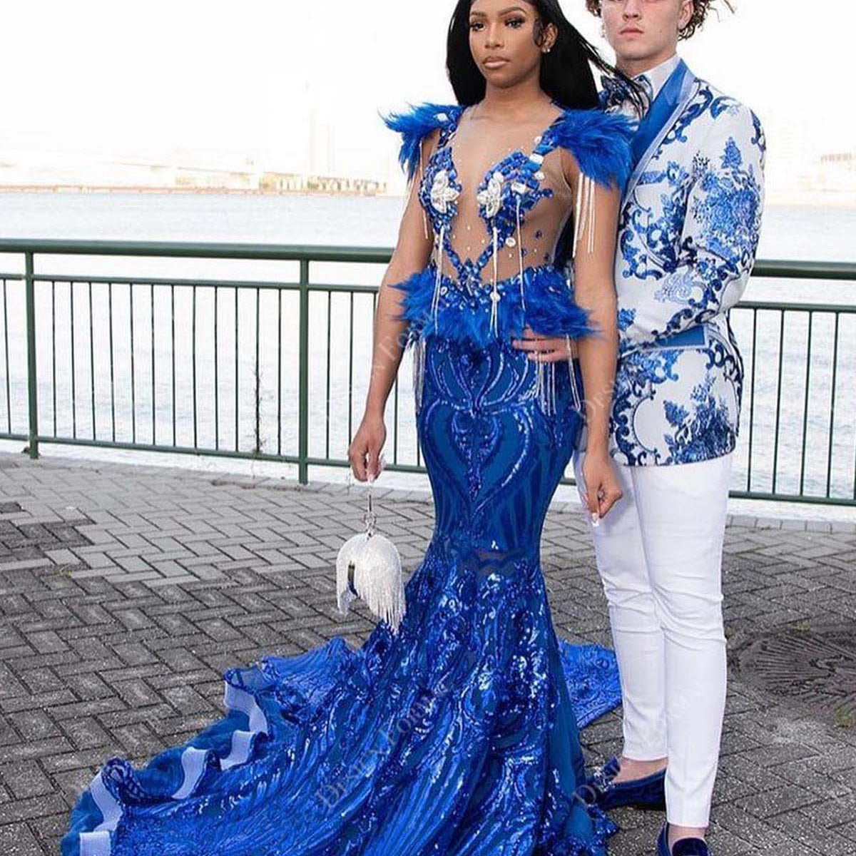 Royal Blue Sequin Feather Sheer Mermaid Made-to-Order Prom Dress Royal Blue Sequin Feather Sheer Mermaid Made-to-Order Prom Dress