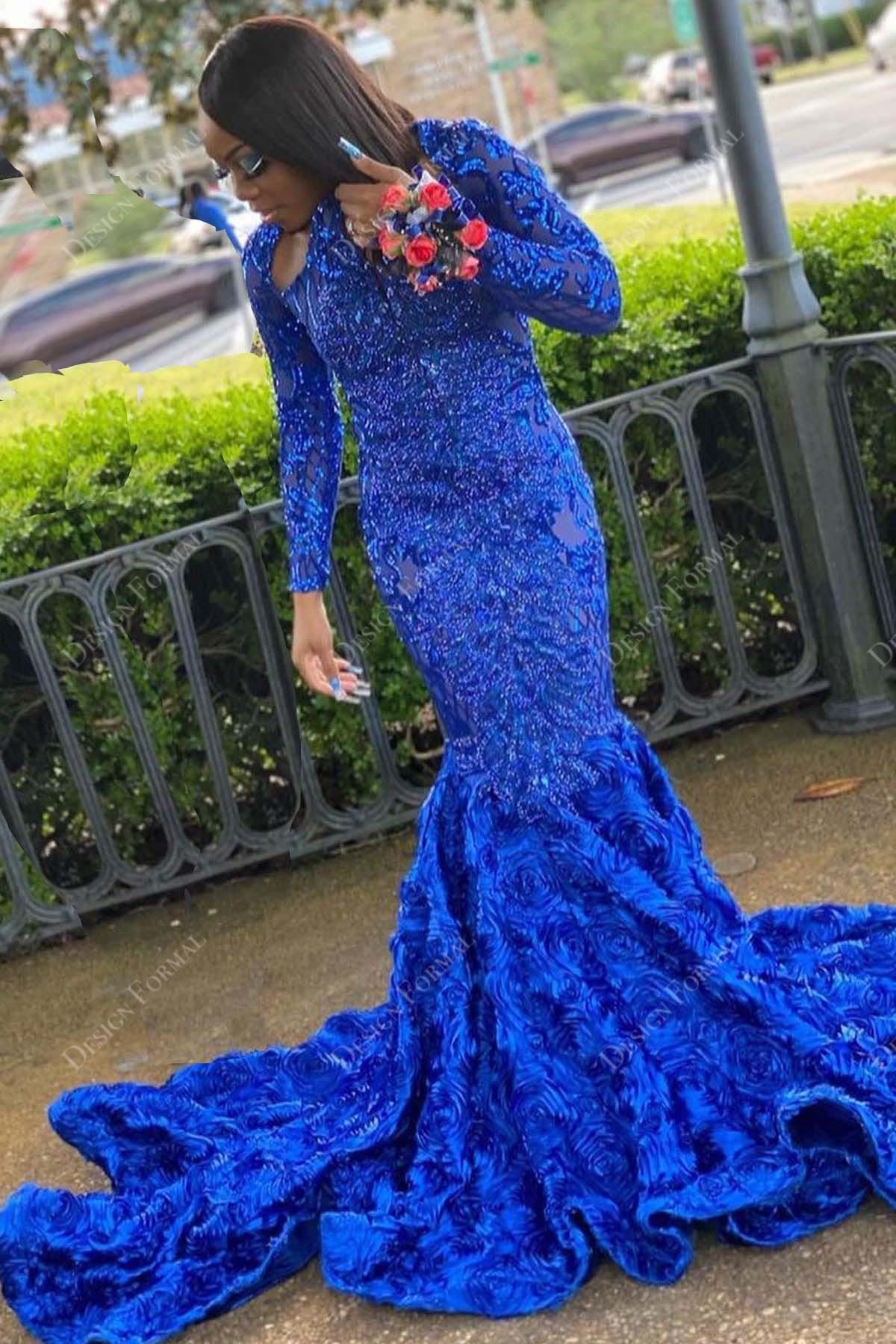 royal blue sequin long sleeves 3D roses mermaid prom dress