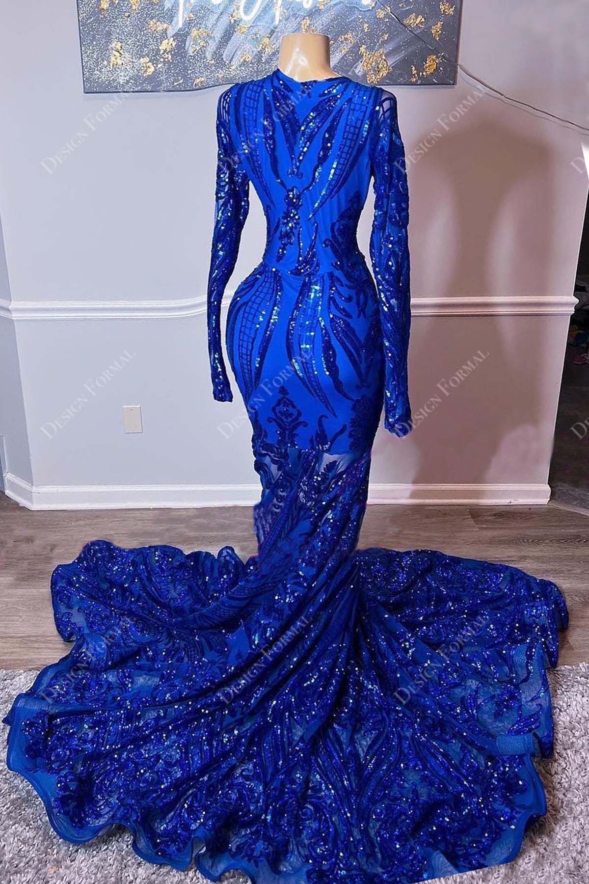 Royal Blue Sequin Long Sleeve Mermaid Prom Dress