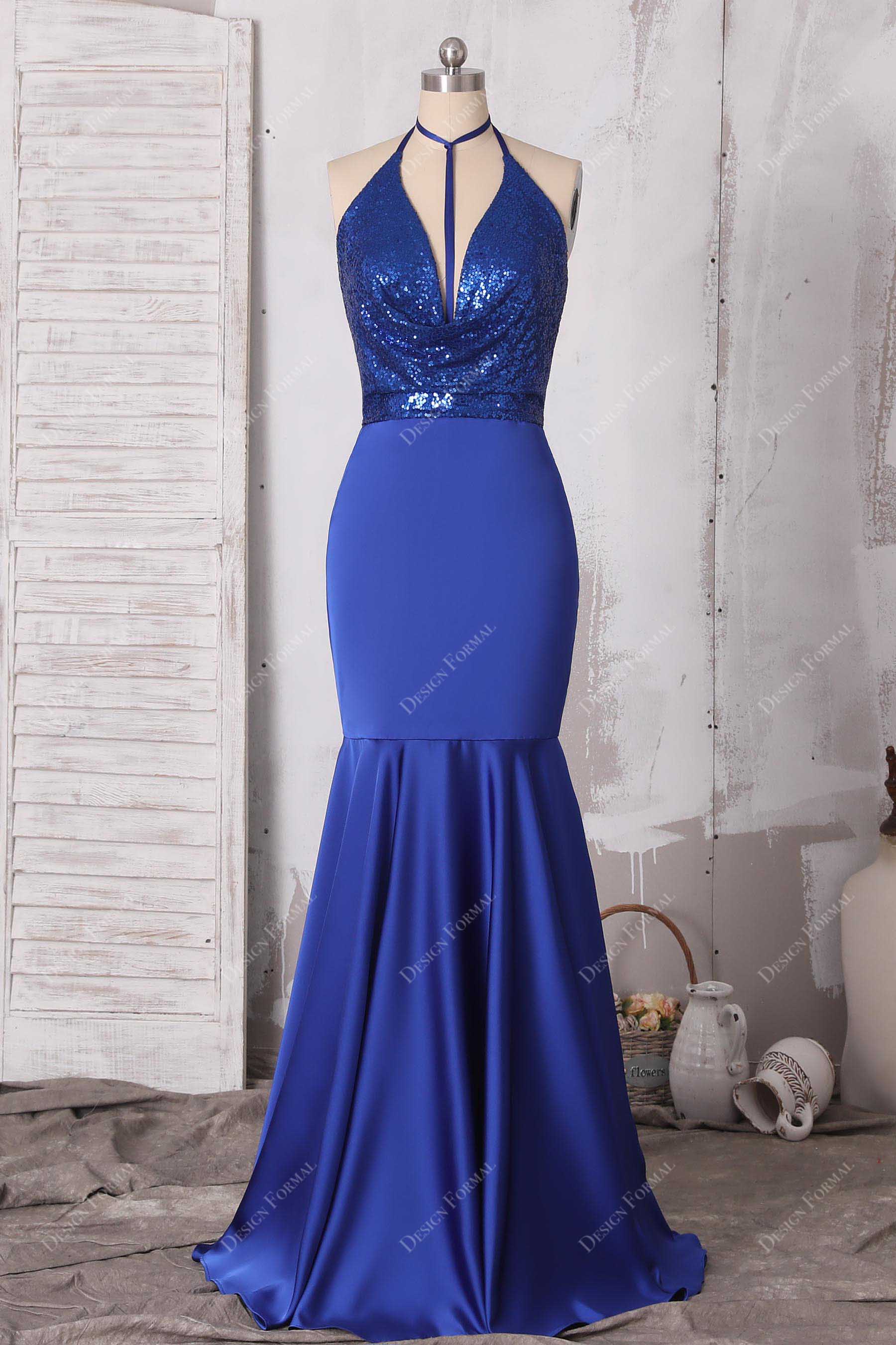 royal blue sequin satin mermaid prom gown