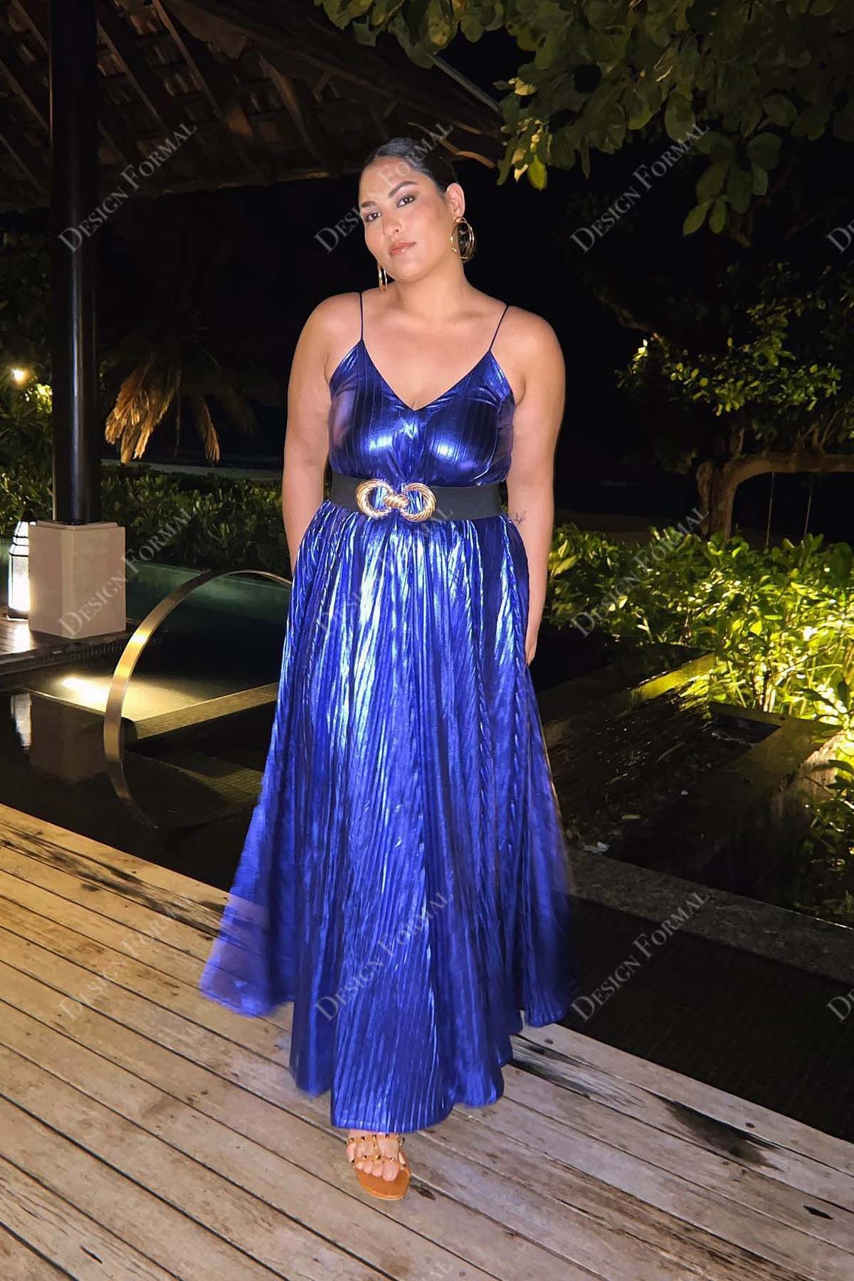 royal blue sequin thin straps V-neck ankle length A-line prom gown