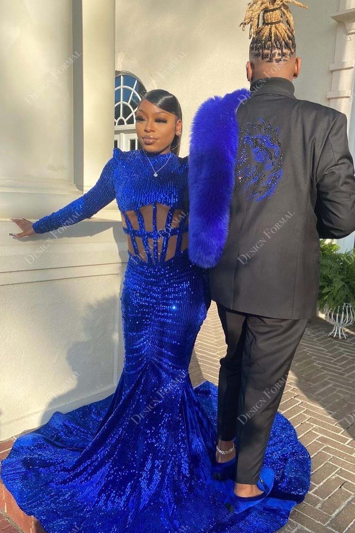 royal blue sequin long sleeves sheer mermaid prom dress