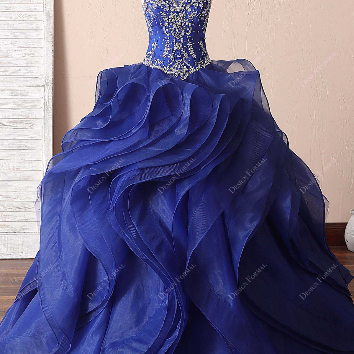 Royal Blue Ruffled Organza Crystal Quinceanera Dress Royal Blue Ruffled Organza Crystal Quinceanera Dress