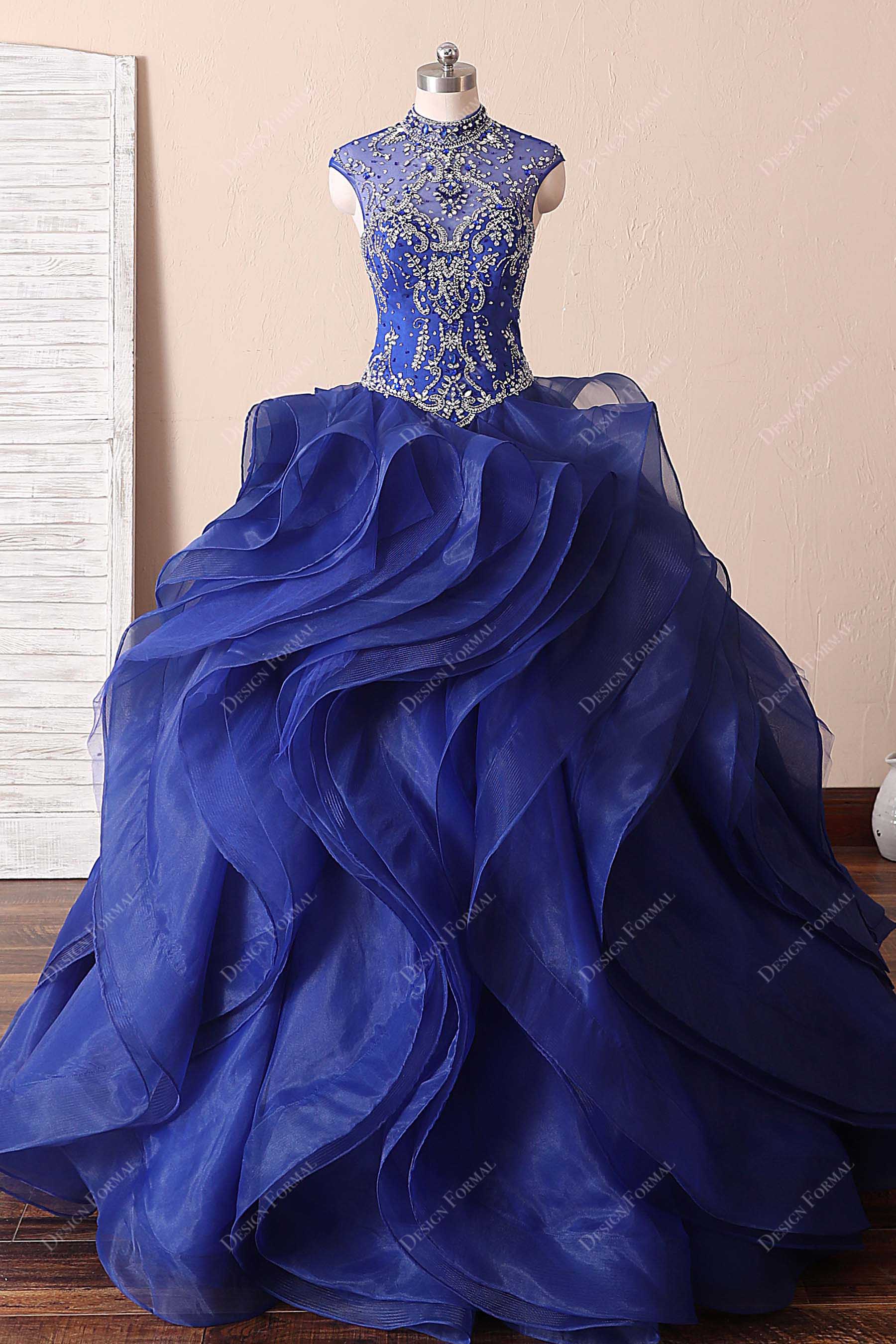 royal blue sparkly illusion neck ruffled organza quinceanera dress