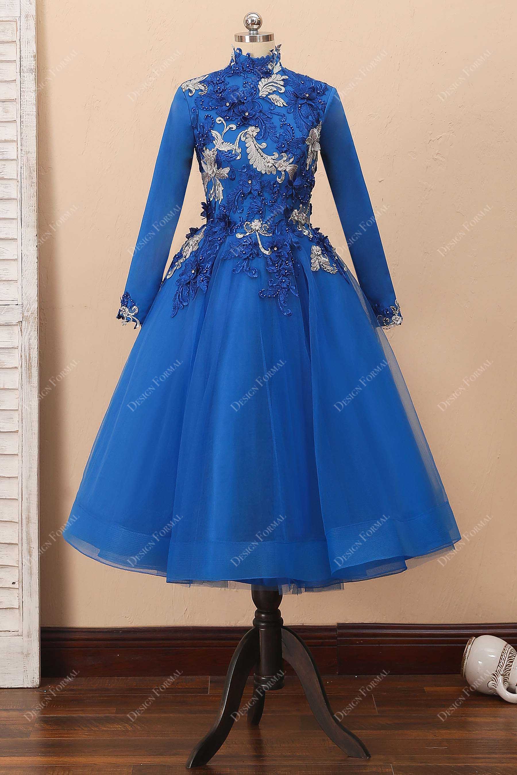 Royal Blue 3D Lace Tulle Tea-length Evening Prom Dress
