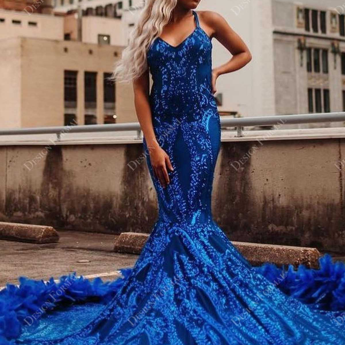 Royal Blue Unique Sequin Turkey Feather Trumpet Handmade Prom Dress Royal Blue Unique Sequin Turkey Feather Trumpet Handmade Prom Dress