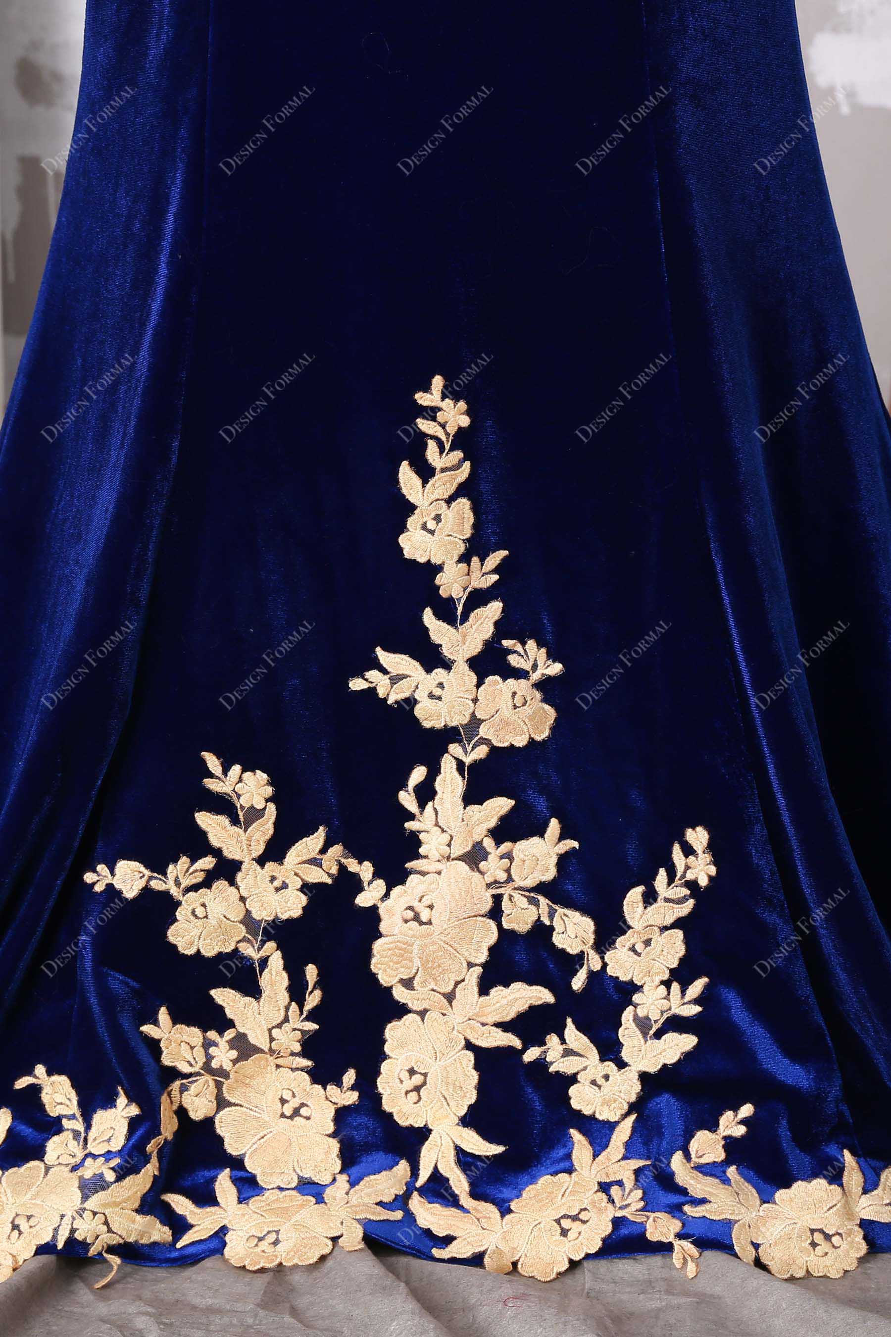royal blue velvet dress with gold lace