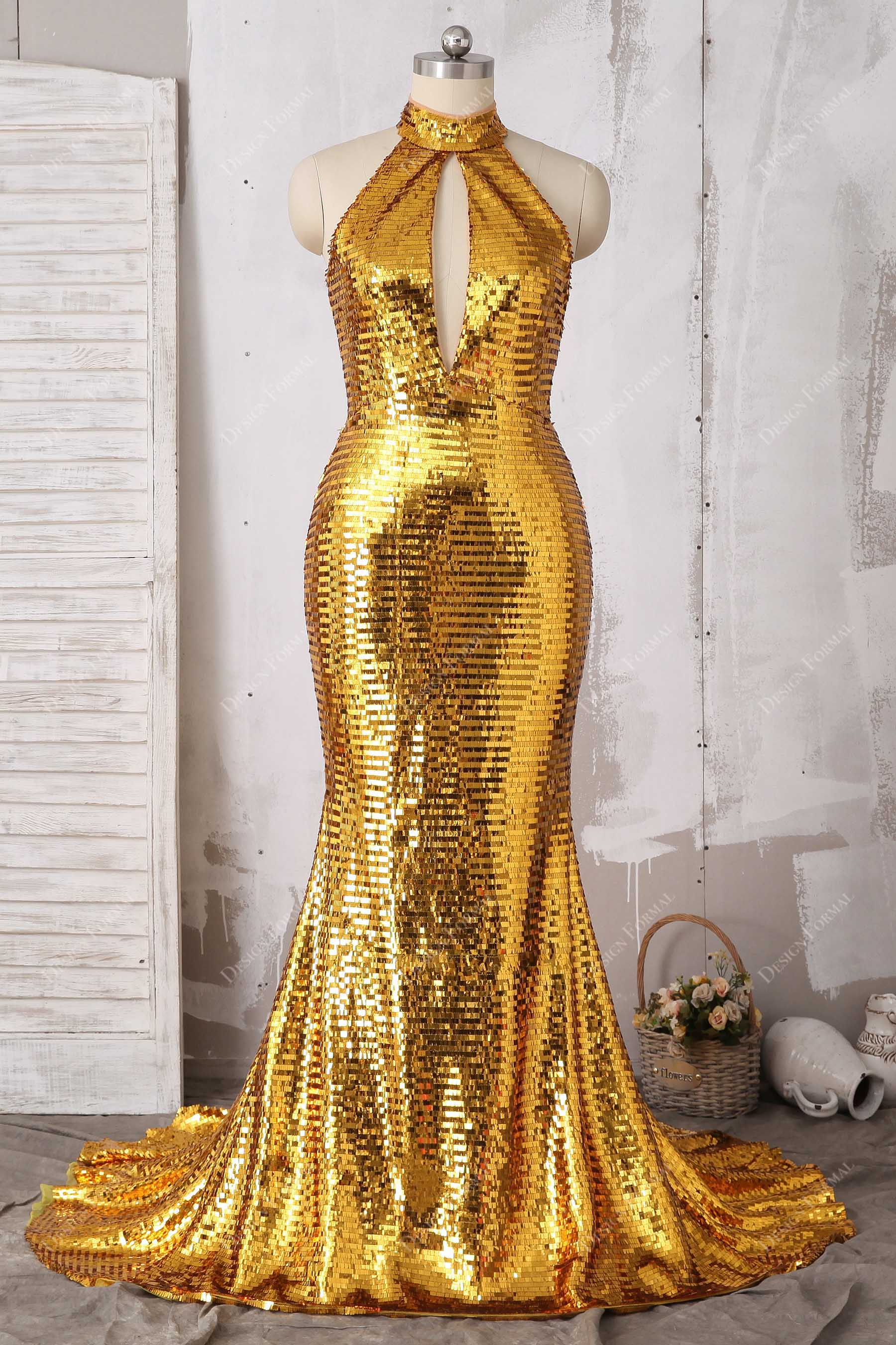 Shiny Gold Sequin Keyhole High Neck Mermaid Prom Gown