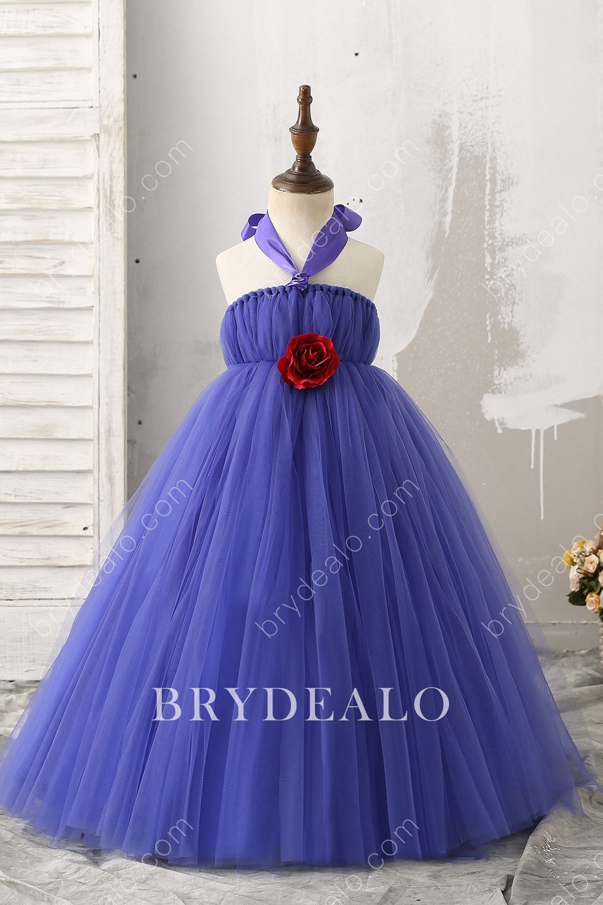 Ruby 3D Rose Royal Blue Flower Girl Ball Gown For Wedding