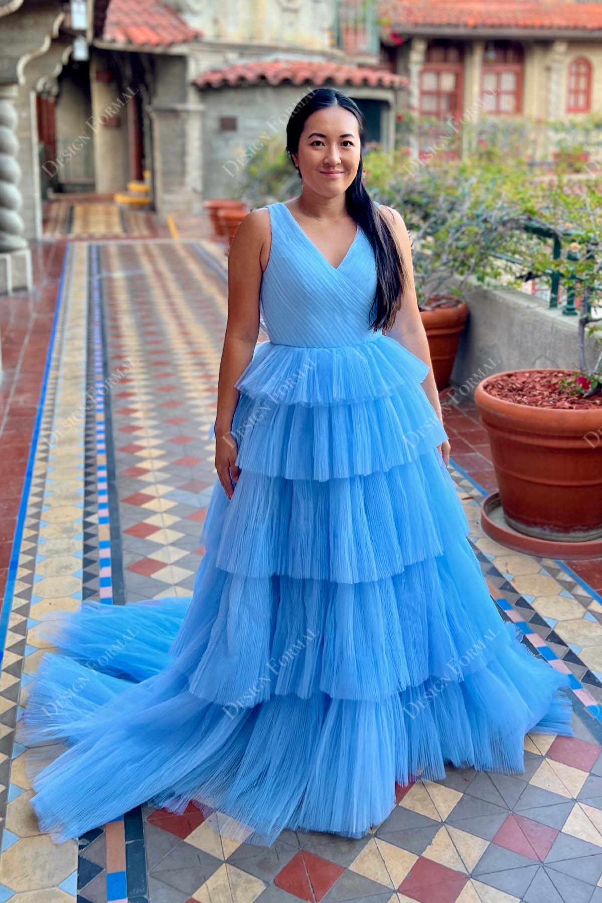 Sky Blue Ruched Tulle Princess Dramatic Tiered Lily Formal Dress in  Deafjourney