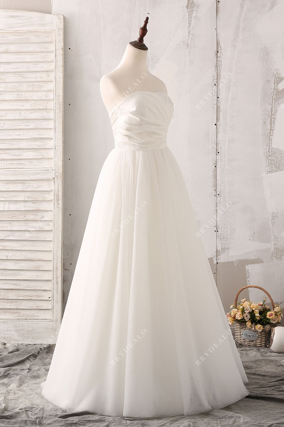 ruched strapless sweetheart satin tulle floor length wedding dress