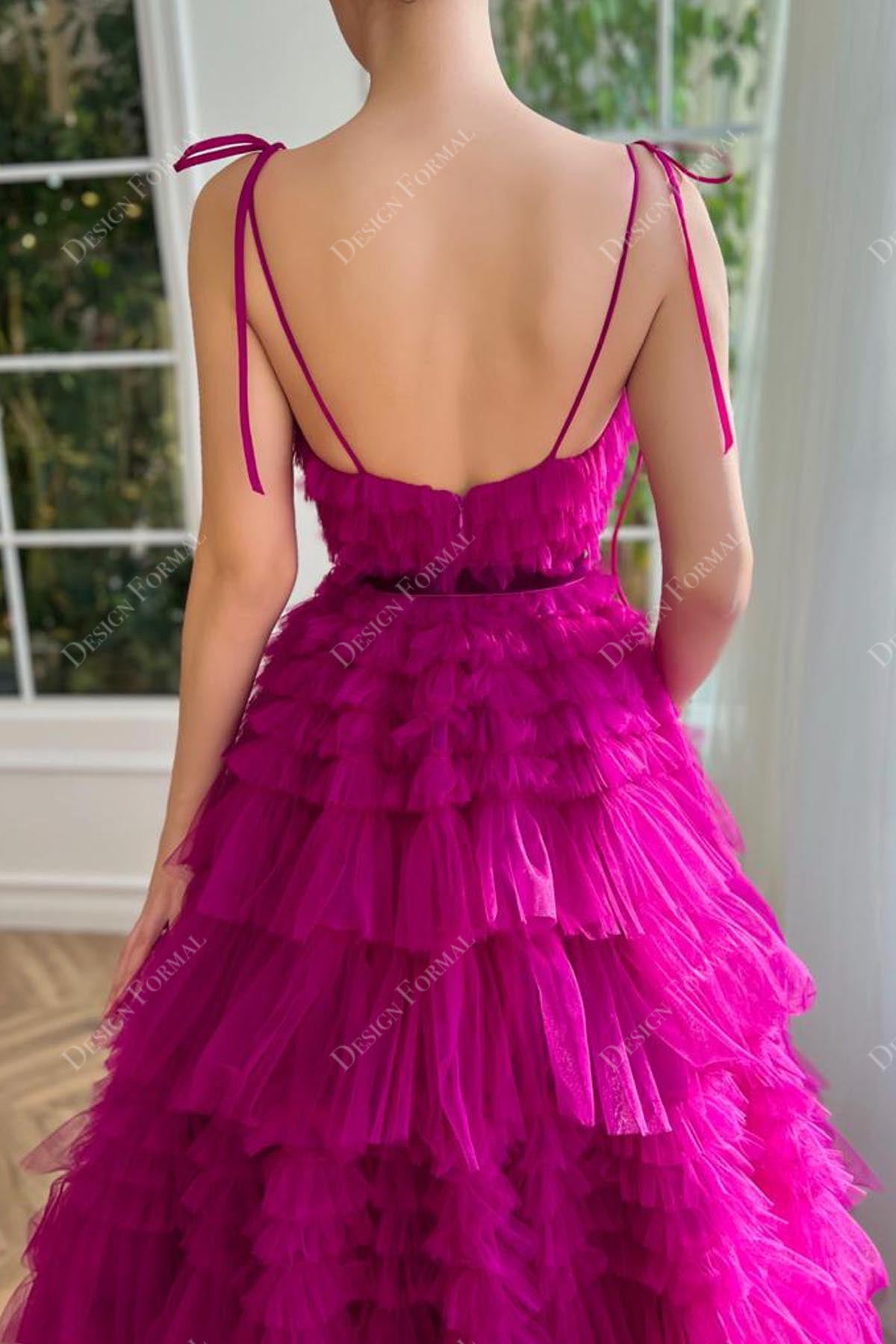 orchid tulle open back ruffled A-line dress