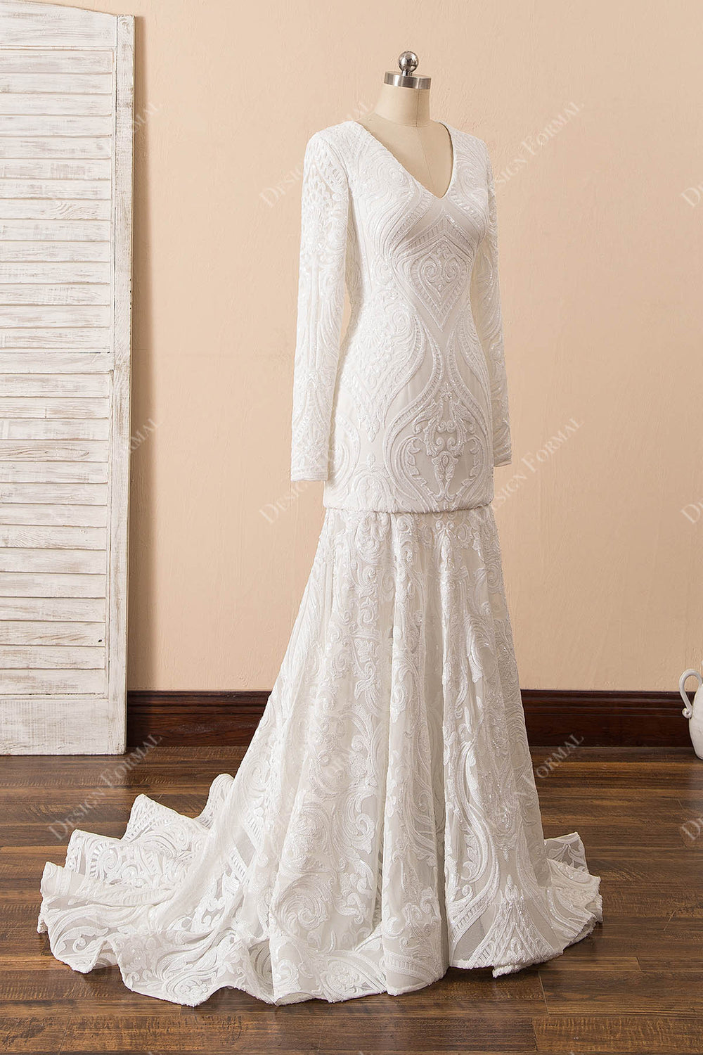 White Sequin Lace Mermaid Long Prom Gown with Feathers