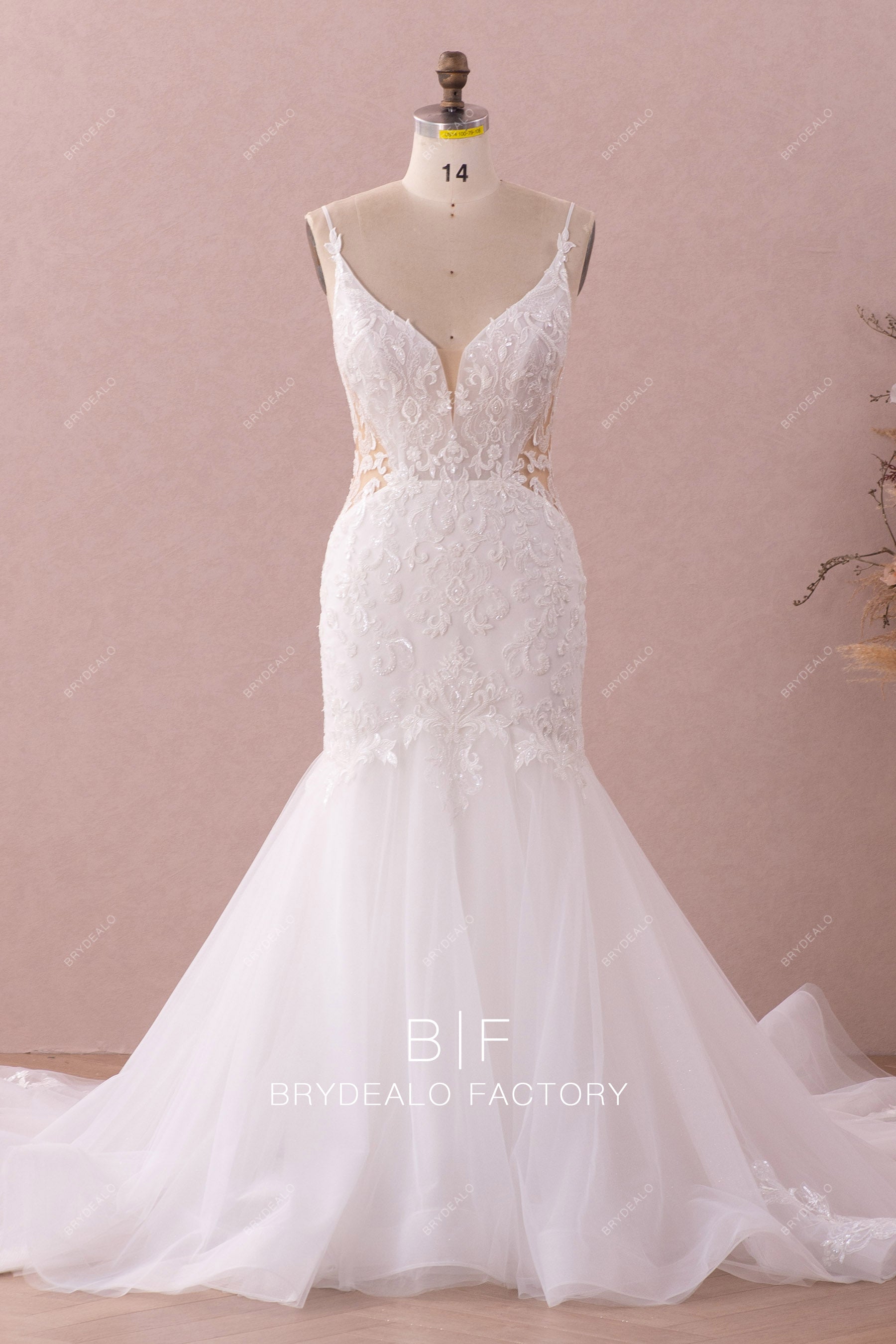 Shimmery Plunging Neck Designer Lace Trumpet Bridal Dress